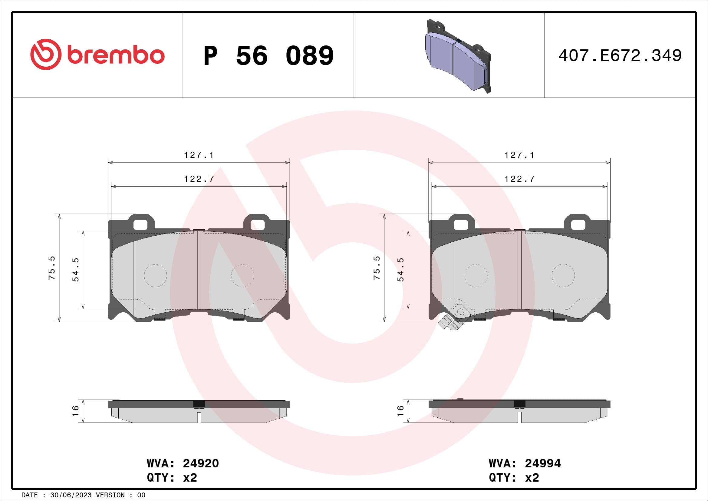 BREMBO Sada brzdových platničiek kotúčovej brzdy P56089 1