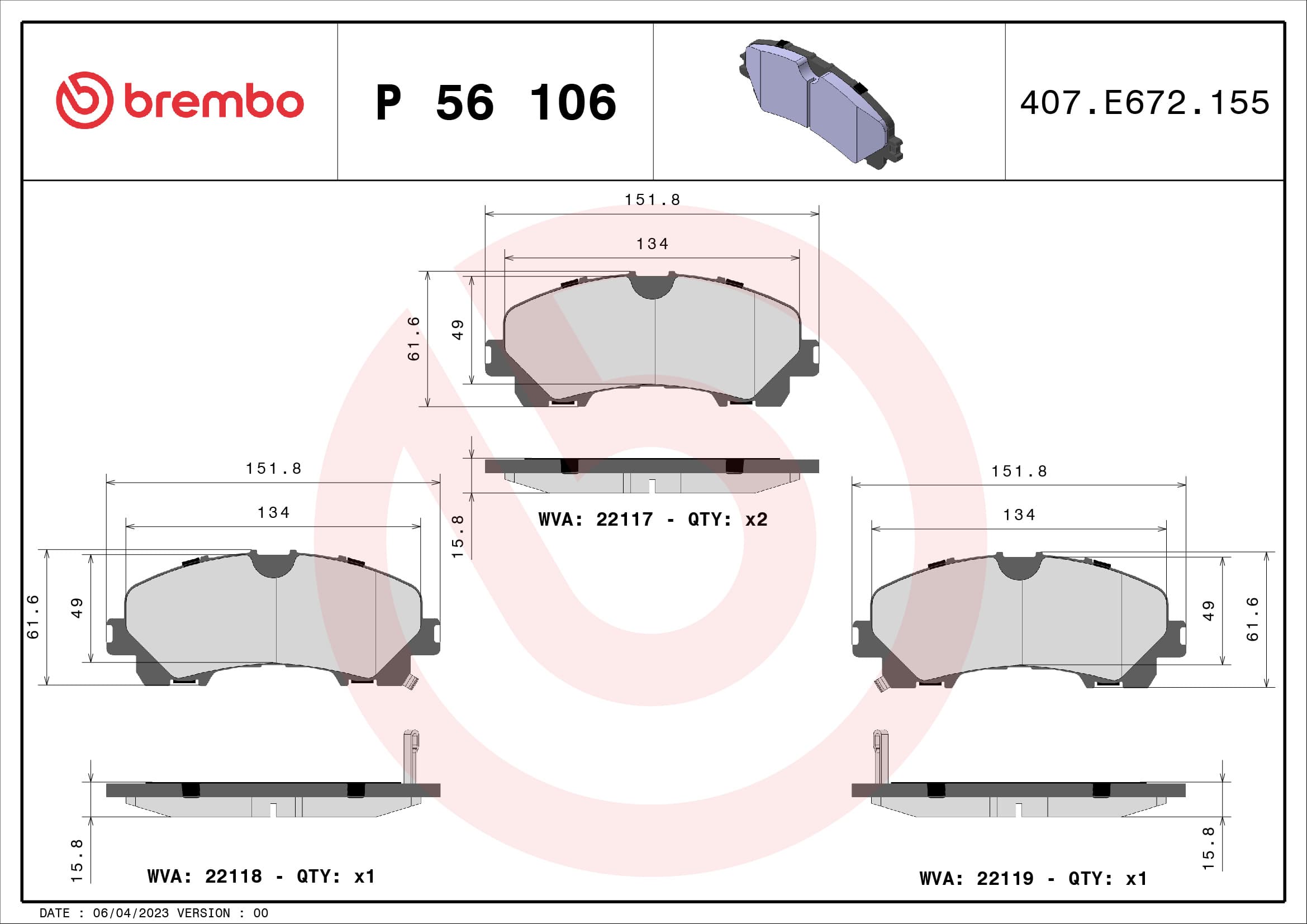 BREMBO Sada brzdových platničiek kotúčovej brzdy P56106 1