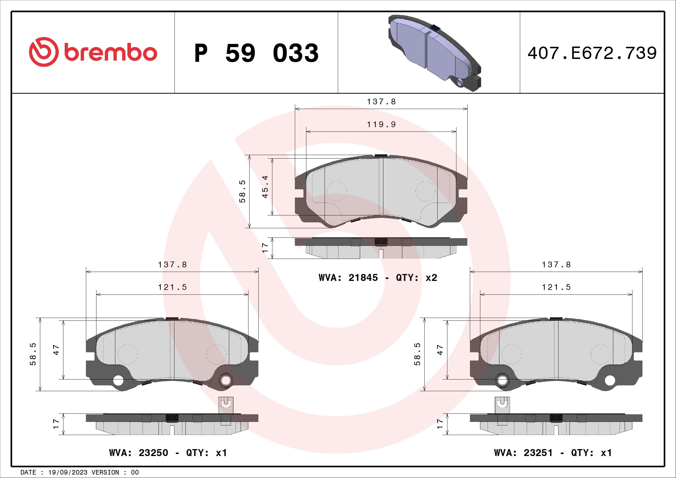 BREMBO Sada brzdových platničiek kotúčovej brzdy P59033 1
