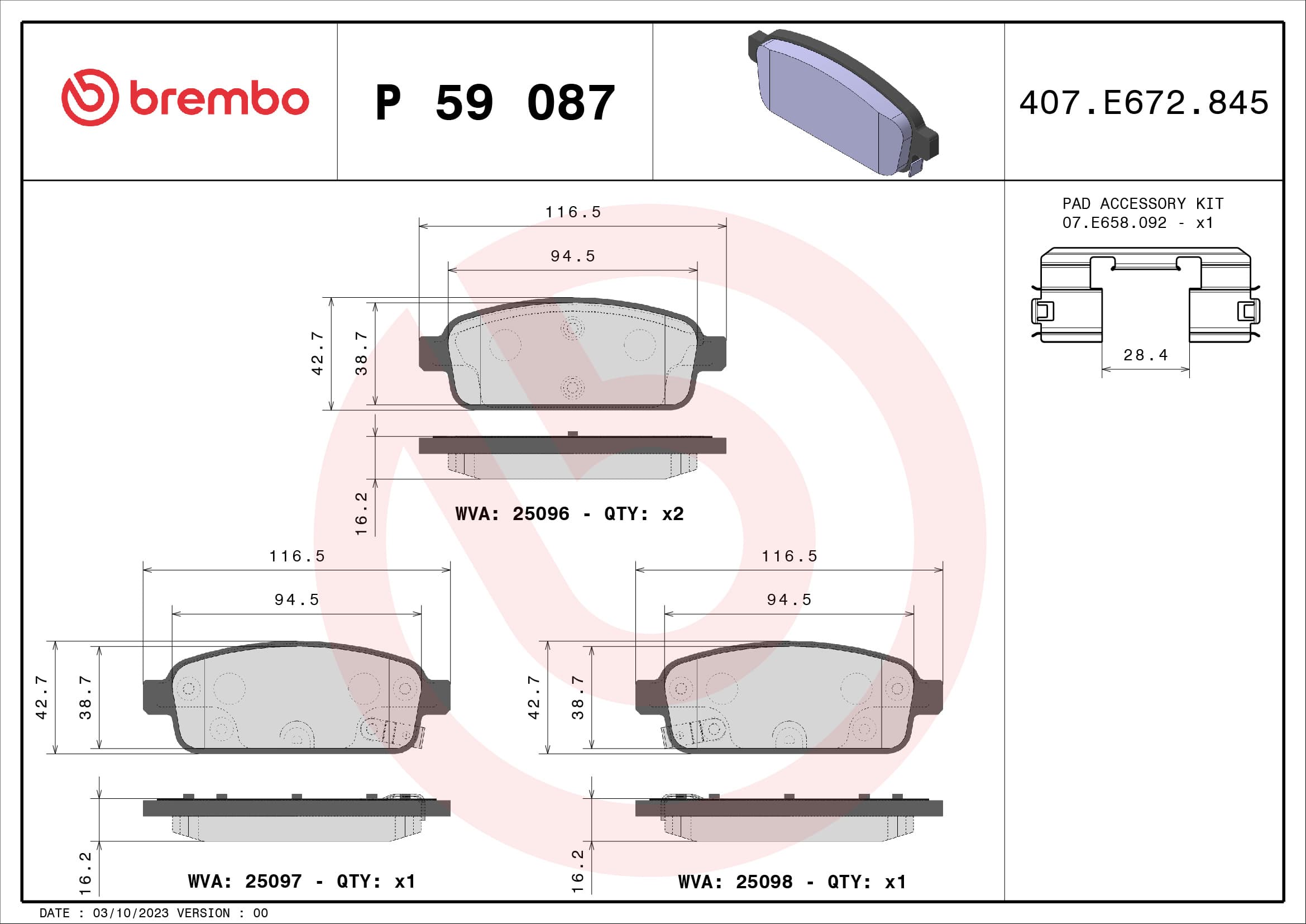 BREMBO Sada brzdových platničiek kotúčovej brzdy P59087 1