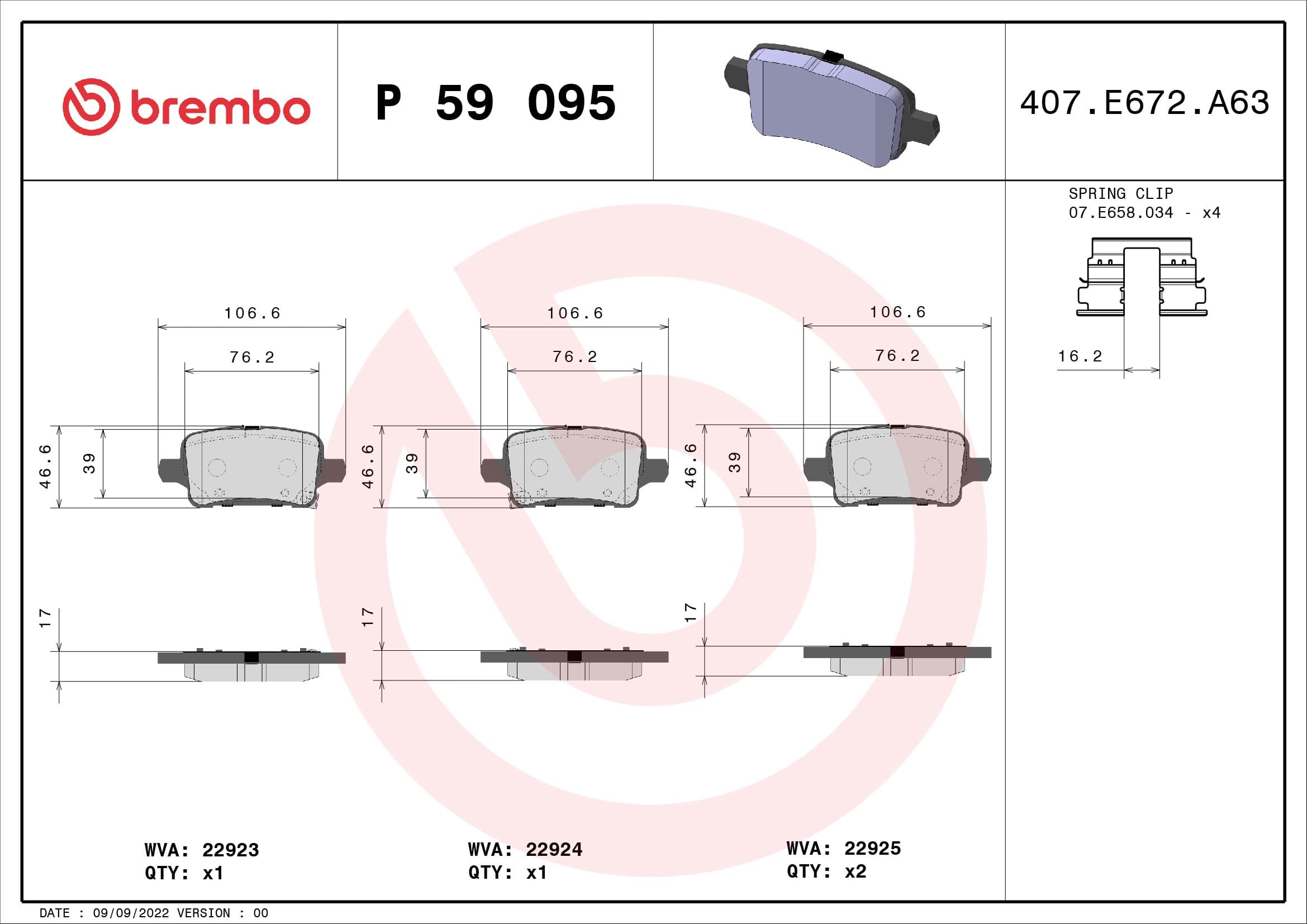 BREMBO Sada brzdových platničiek kotúčovej brzdy P 59 095 1