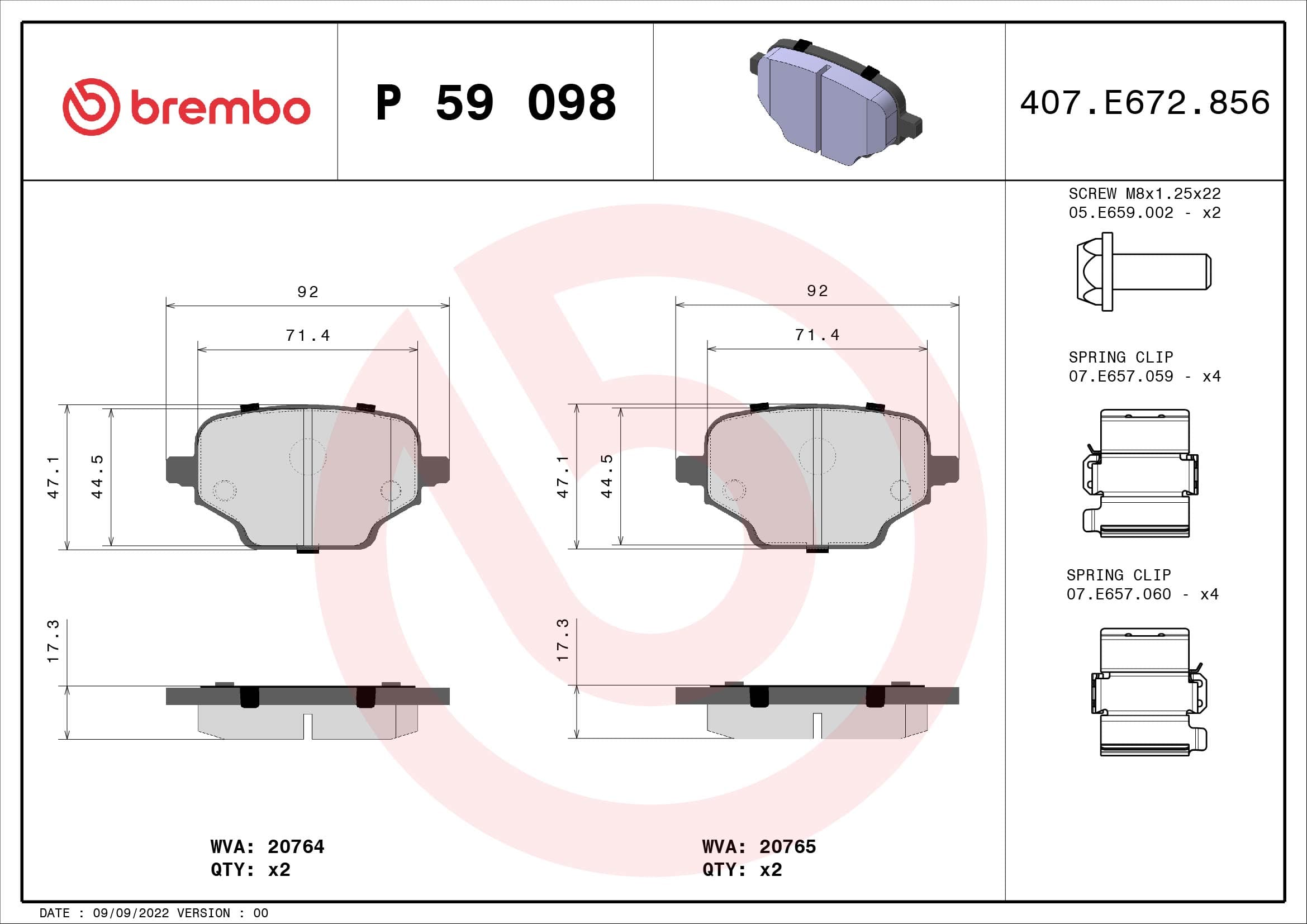 BREMBO Sada brzdových platničiek kotúčovej brzdy P59098 1