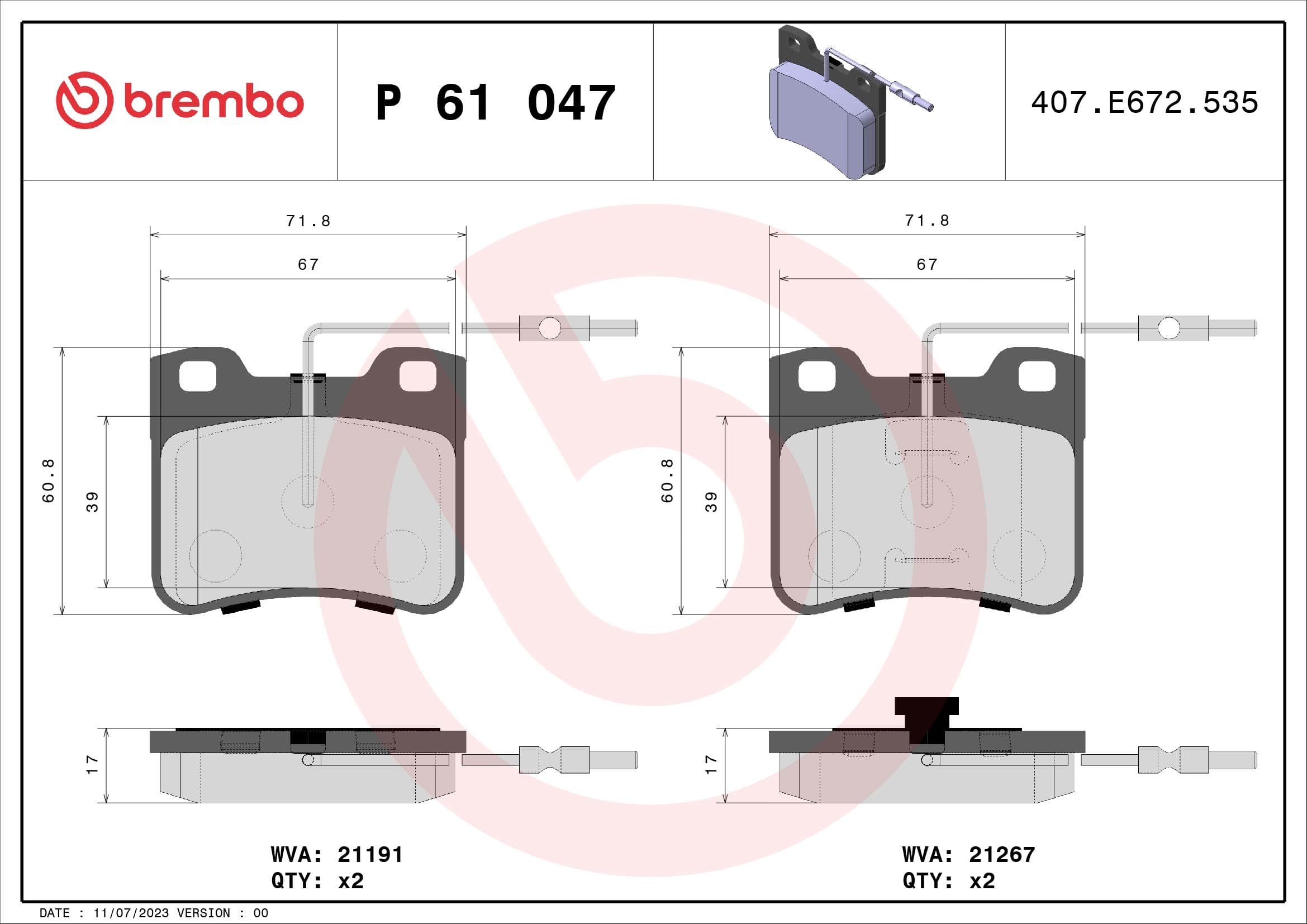 BREMBO Sada brzdových platničiek kotúčovej brzdy P61047 1