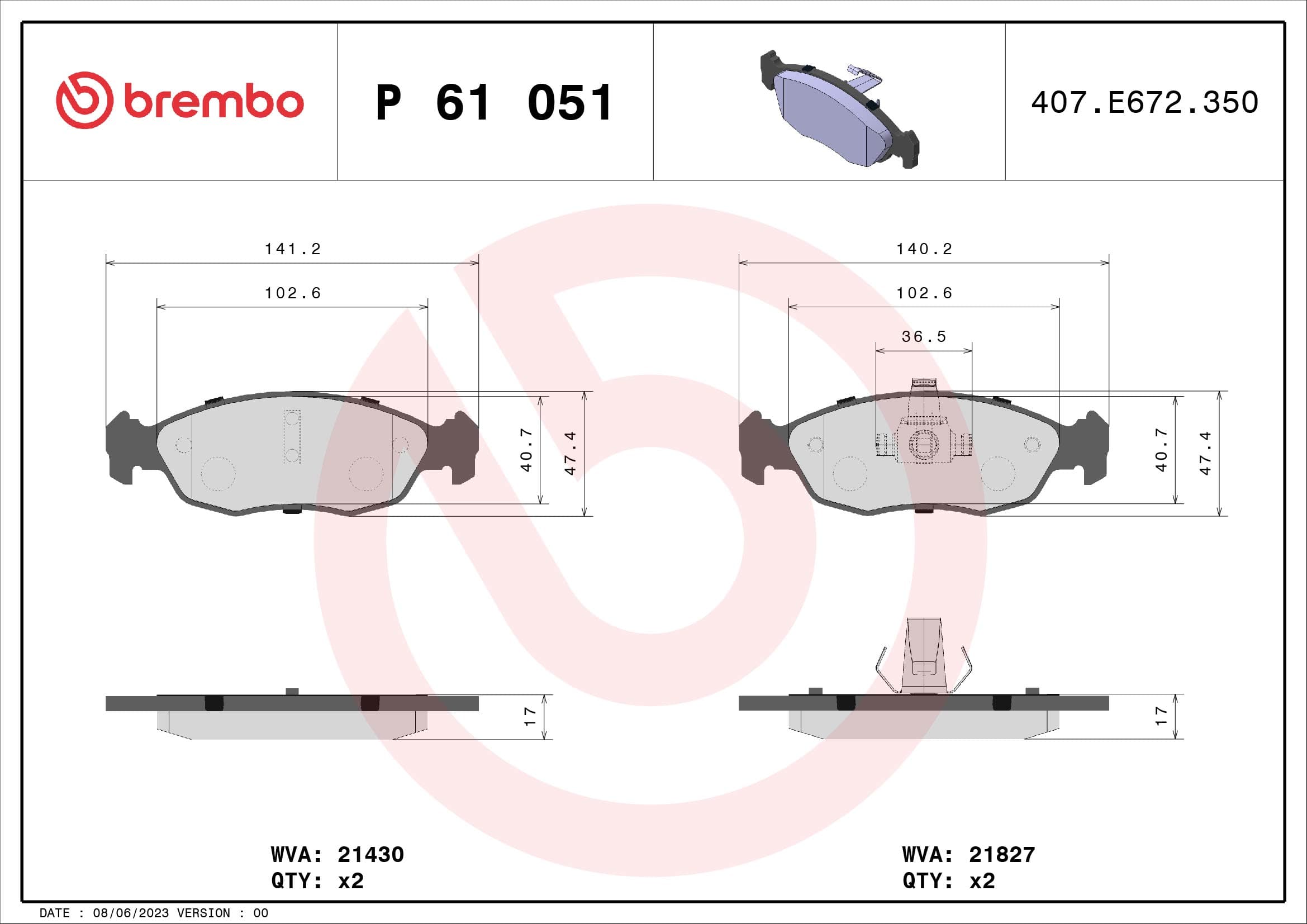 BREMBO Sada brzdových platničiek kotúčovej brzdy P61051 1