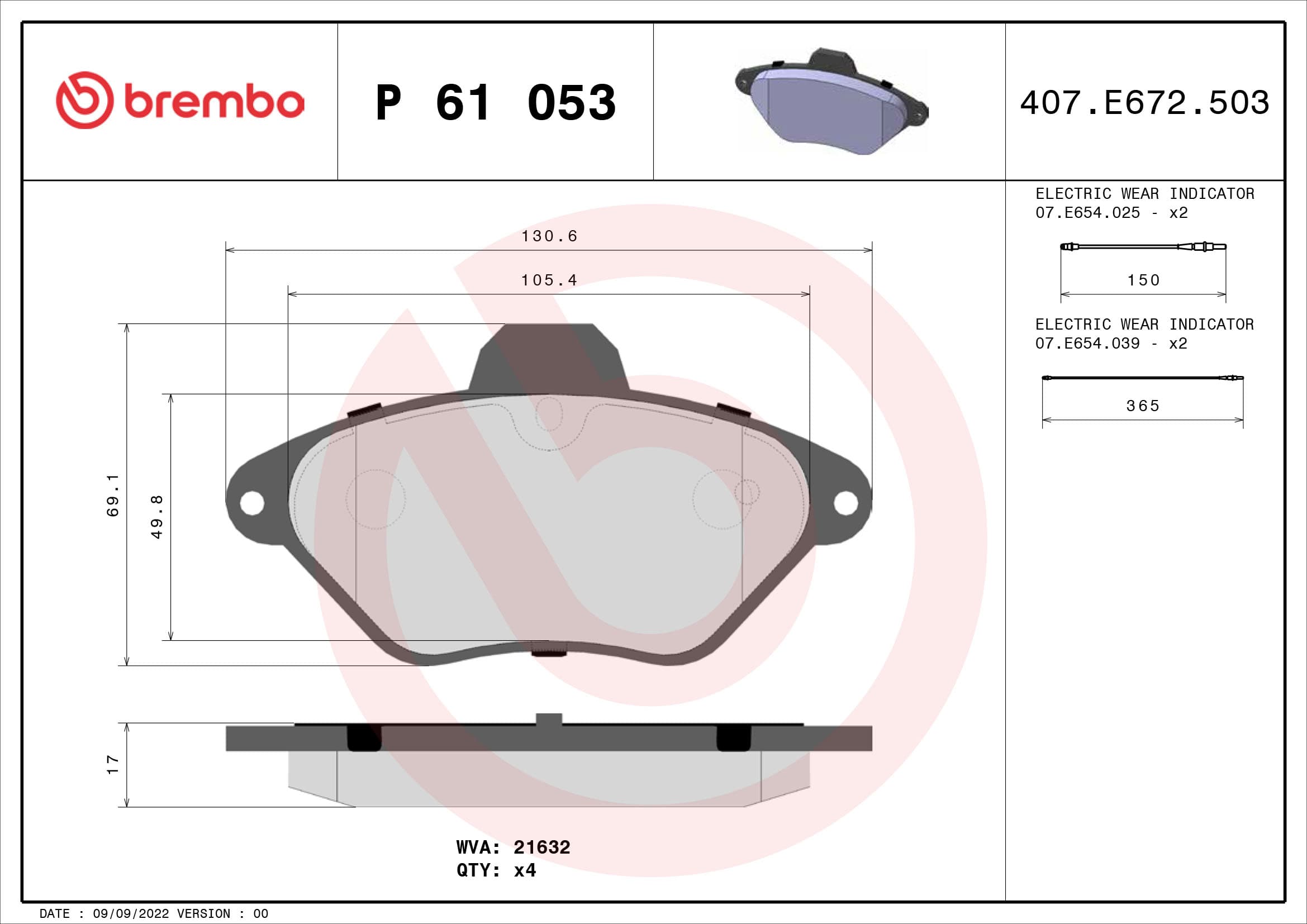 BREMBO Sada brzdových platničiek kotúčovej brzdy P61053 1