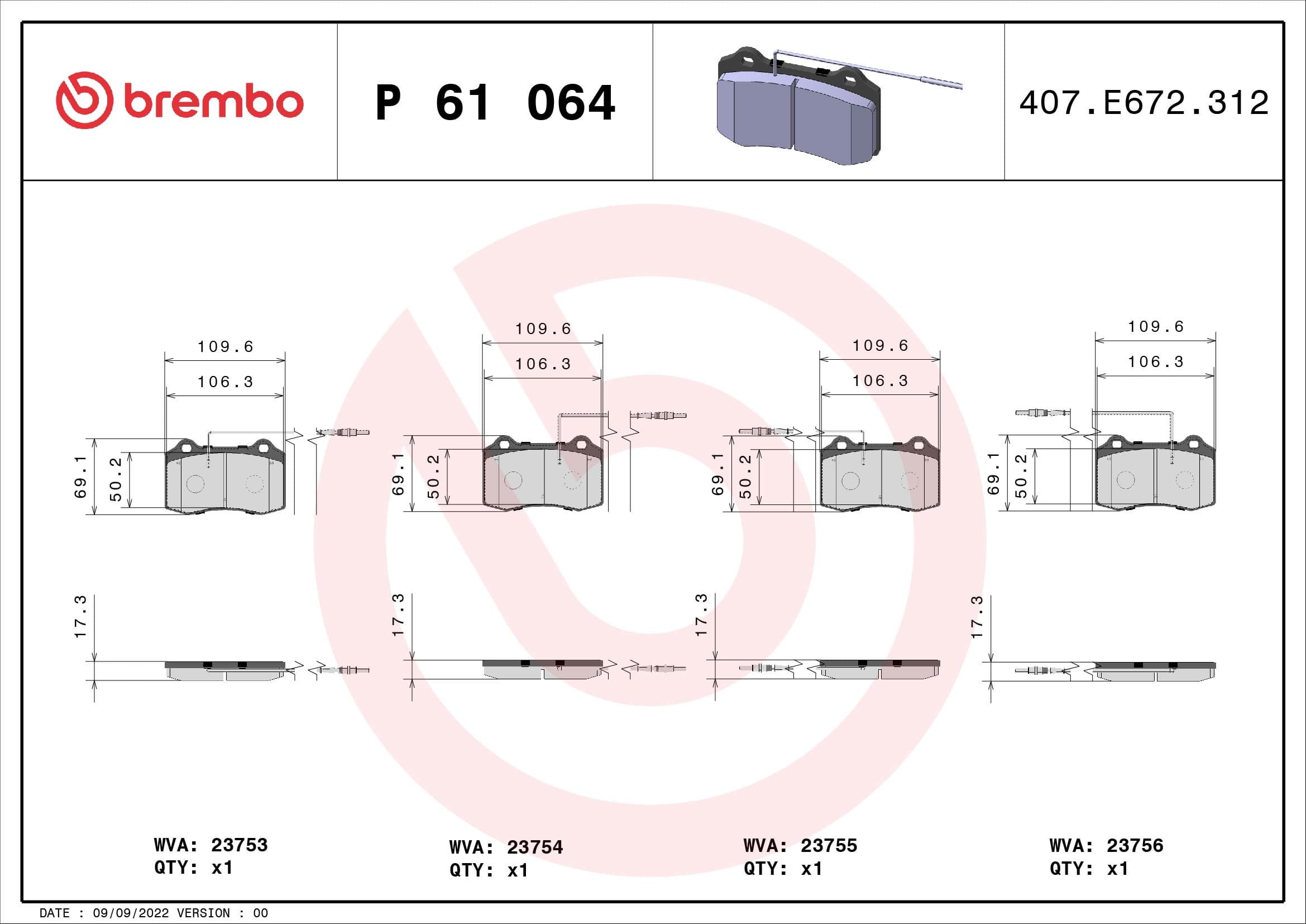BREMBO Sada brzdových platničiek kotúčovej brzdy P61064 1