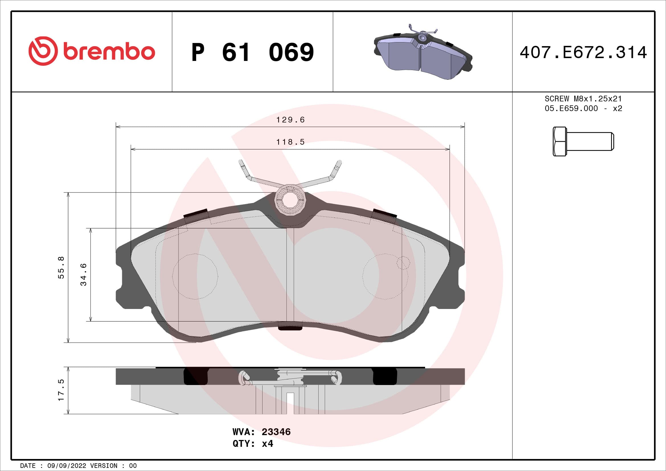 BREMBO Sada brzdových platničiek kotúčovej brzdy P61069 1