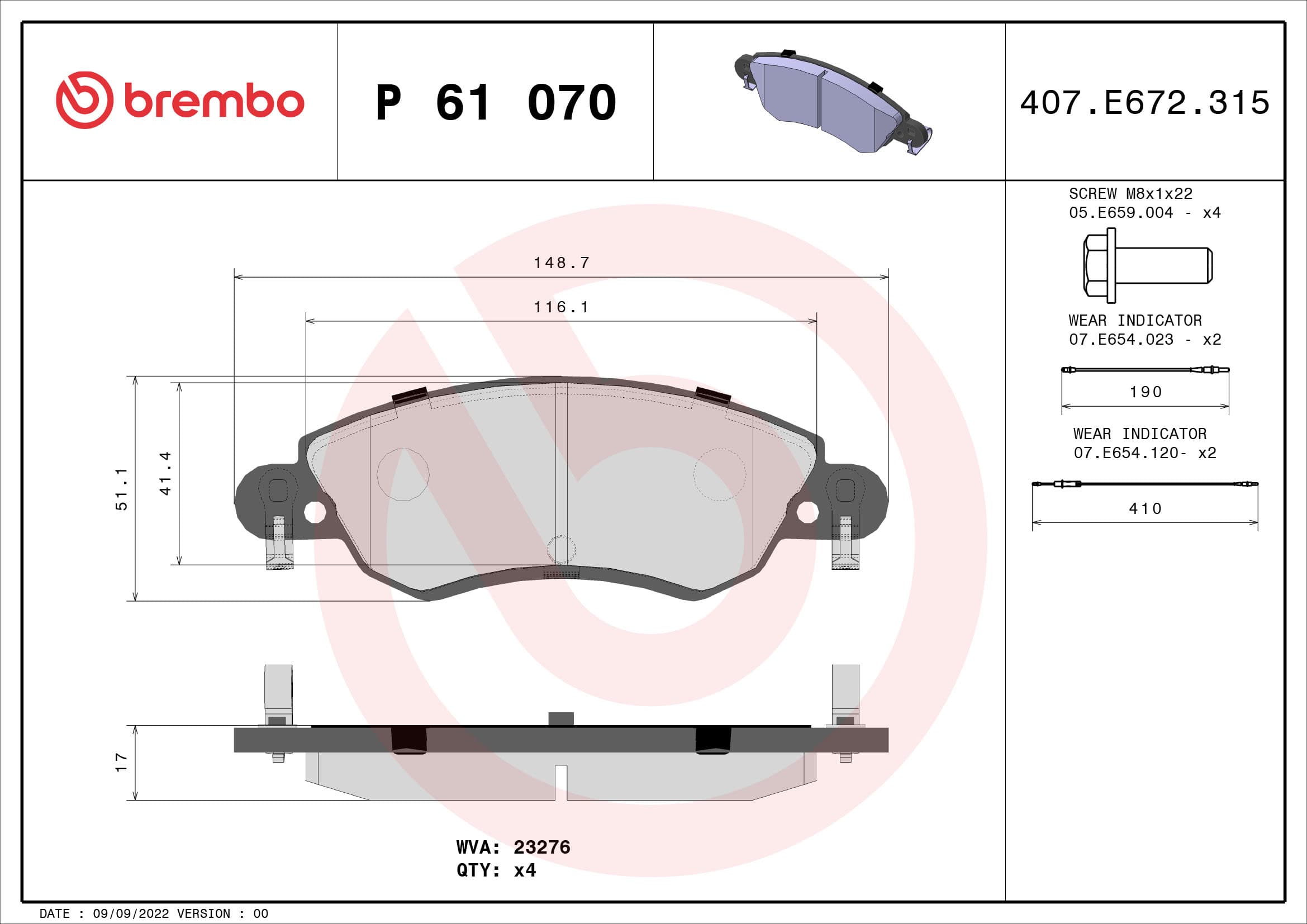 BREMBO Sada brzdových platničiek kotúčovej brzdy P61070 1
