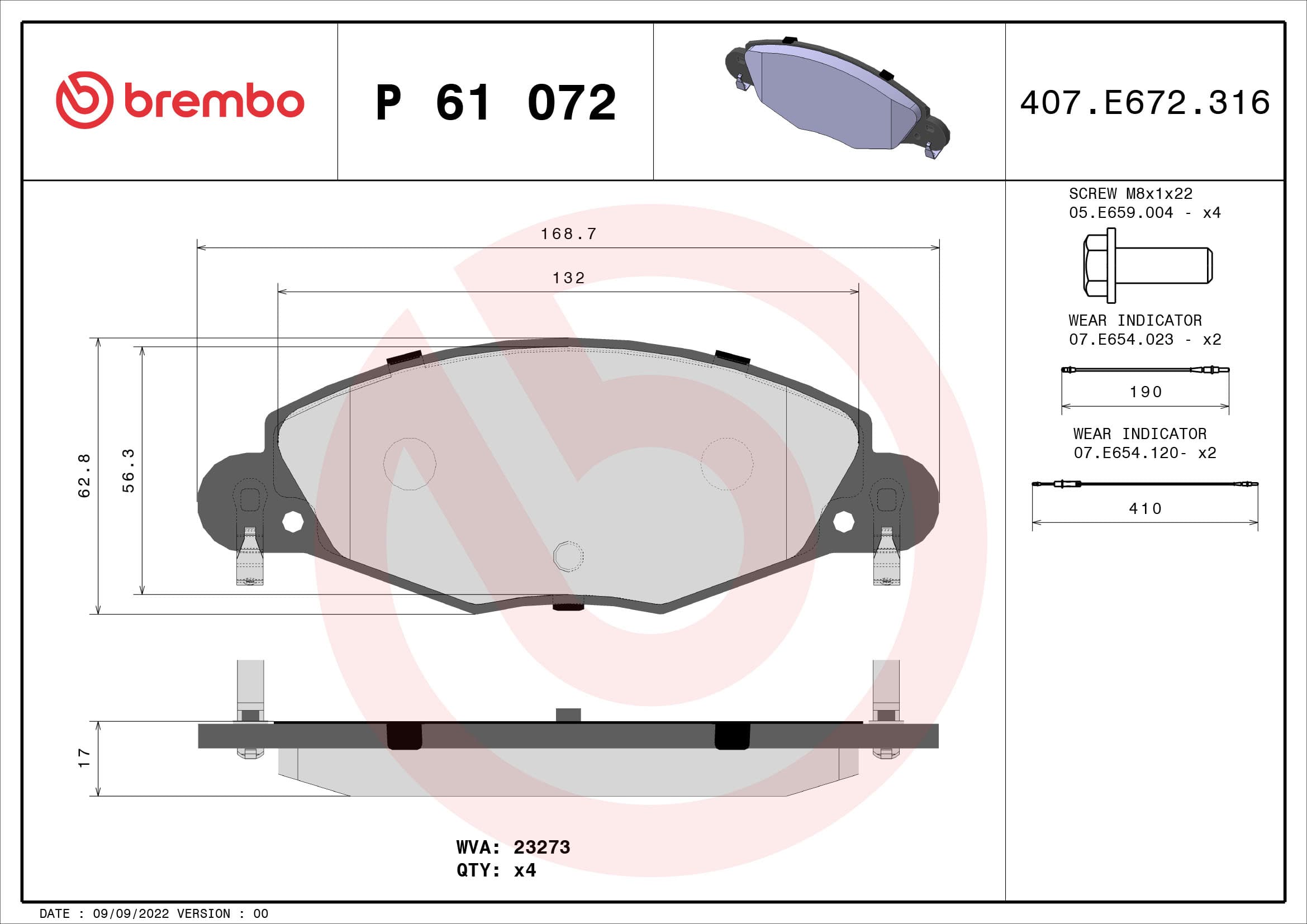 BREMBO Sada brzdových platničiek kotúčovej brzdy P61072 1