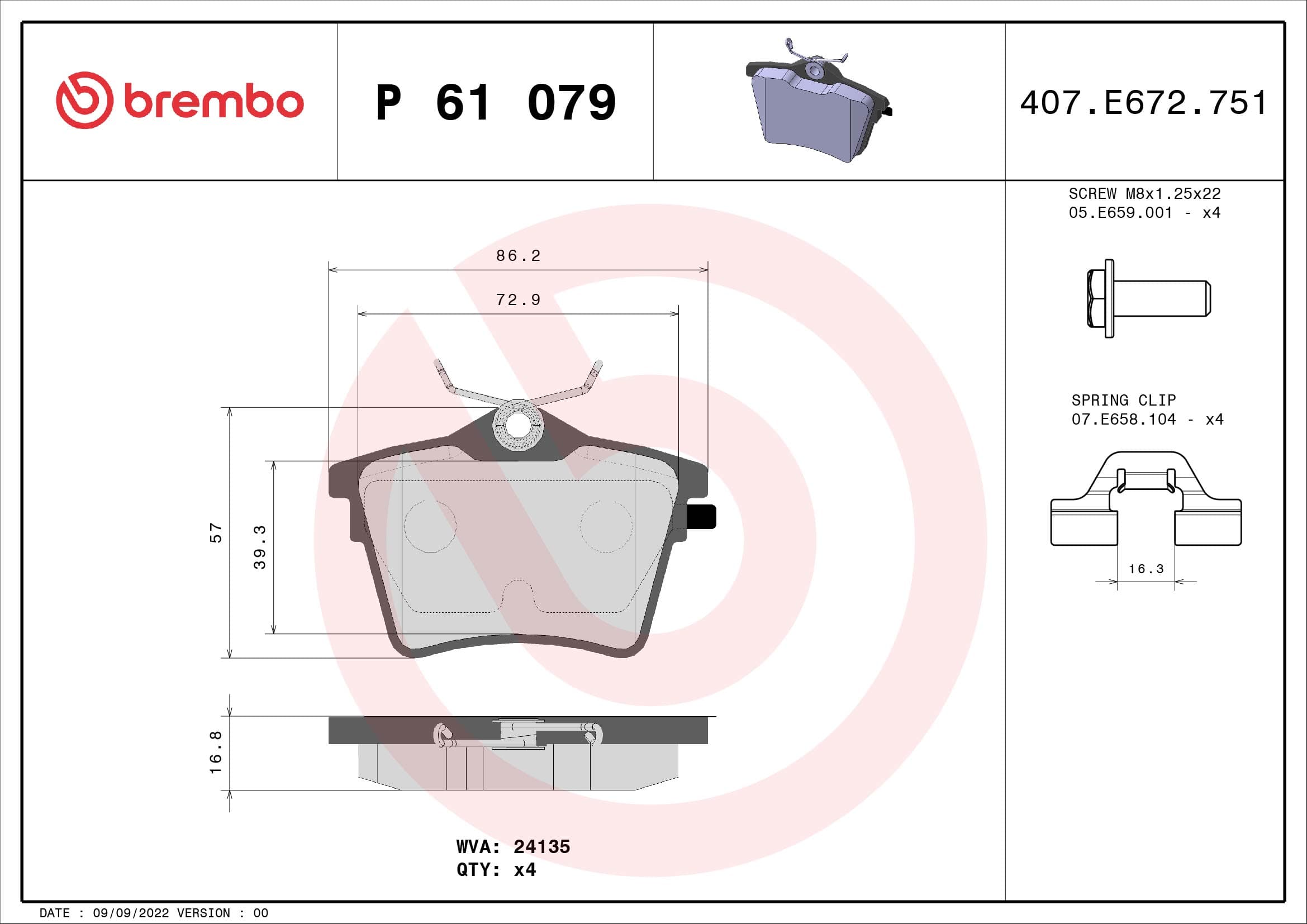 BREMBO Sada brzdových platničiek kotúčovej brzdy P61079 1