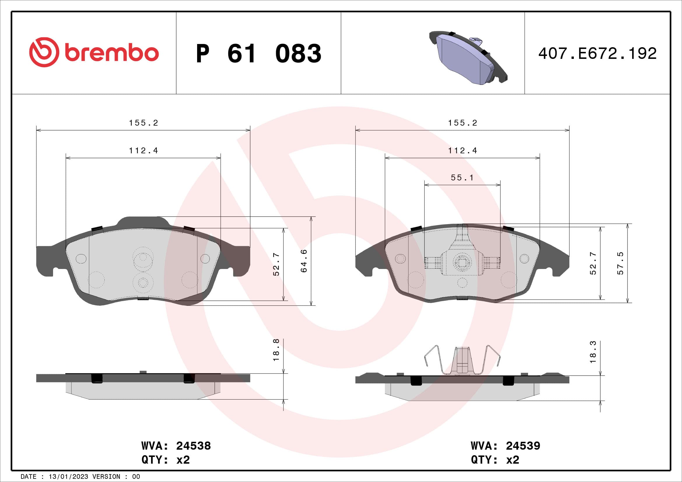 BREMBO Sada brzdových platničiek kotúčovej brzdy P61083 1