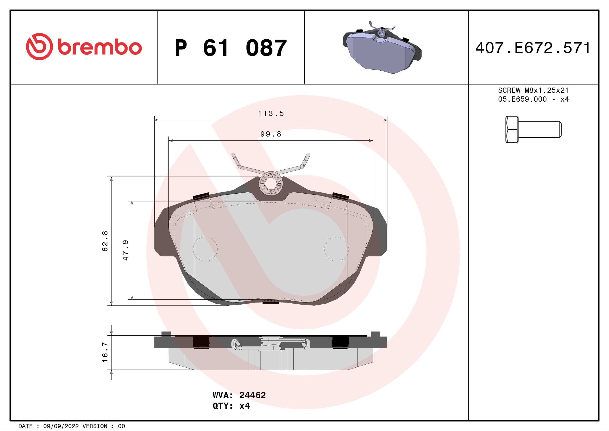 BREMBO Sada brzdových platničiek kotúčovej brzdy P61087 1