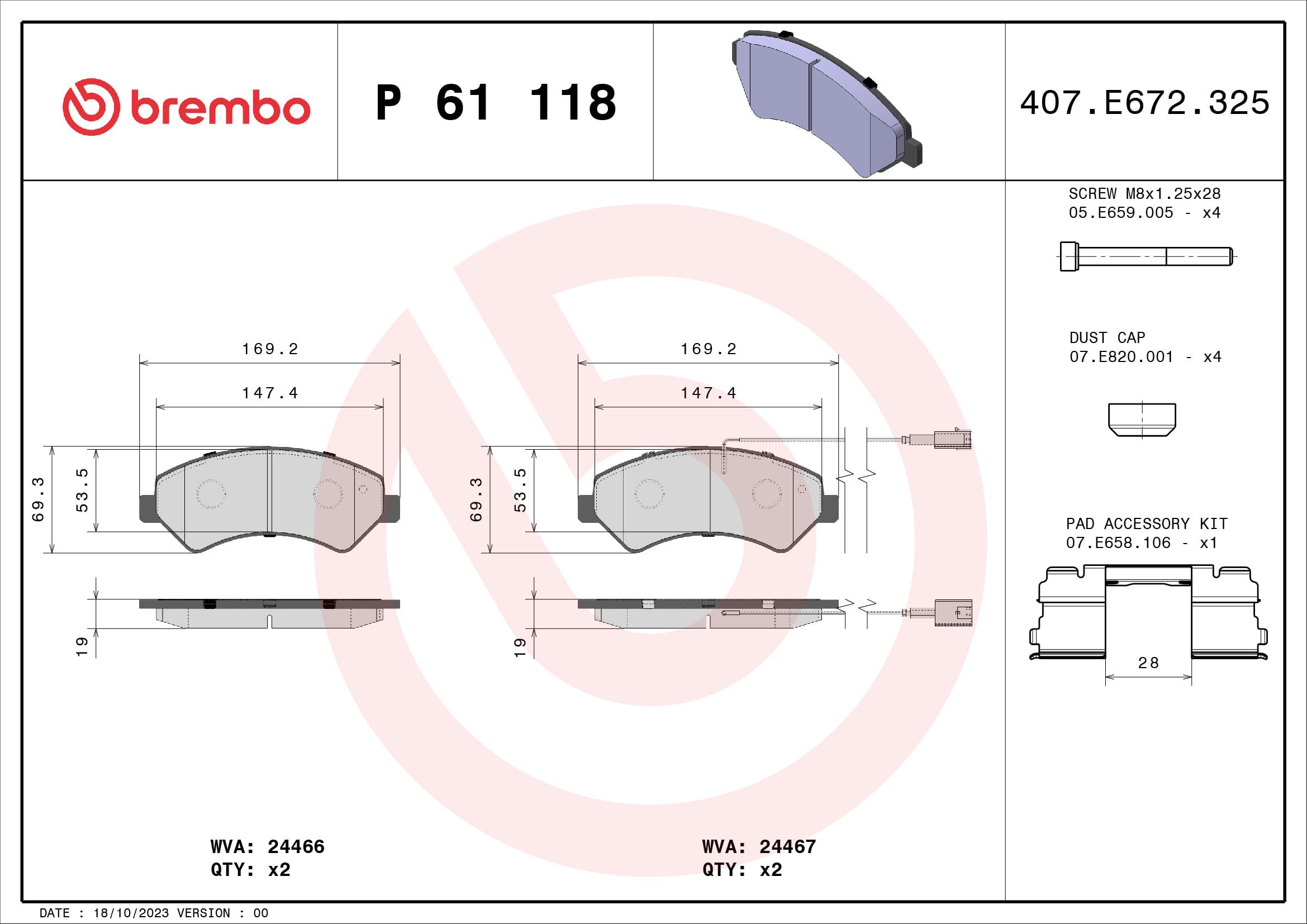 BREMBO Sada brzdových platničiek kotúčovej brzdy P61118 1