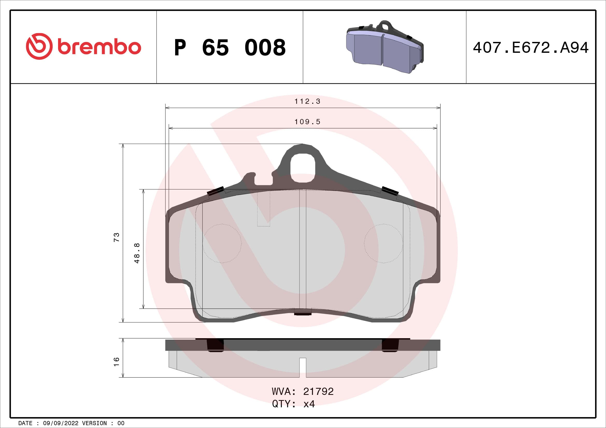 BREMBO Sada brzdových platničiek kotúčovej brzdy P65008 1
