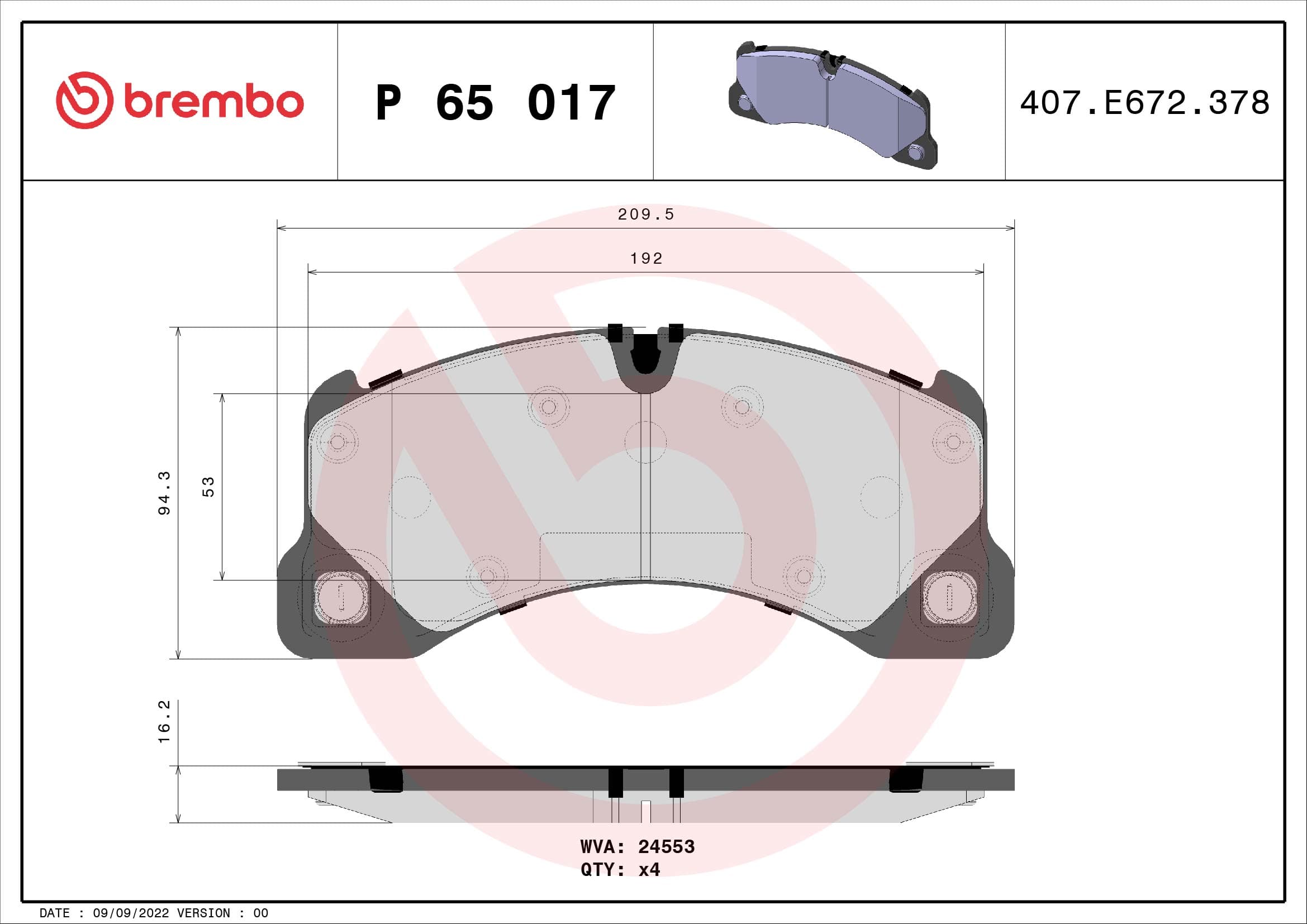 BREMBO Sada brzdových platničiek kotúčovej brzdy P65017 1