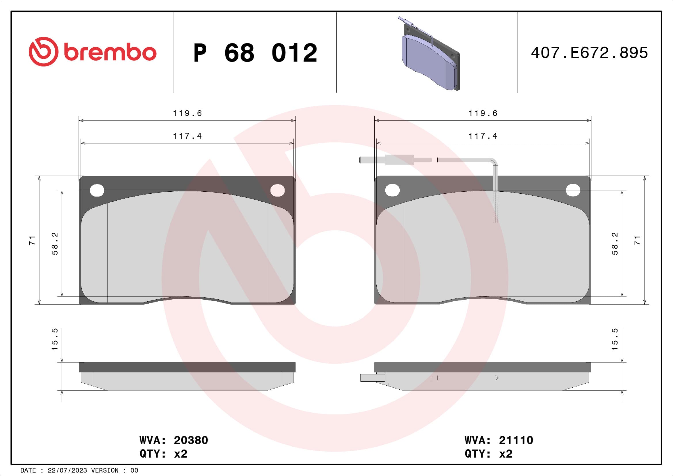 BREMBO Sada brzdových platničiek kotúčovej brzdy P68012 1