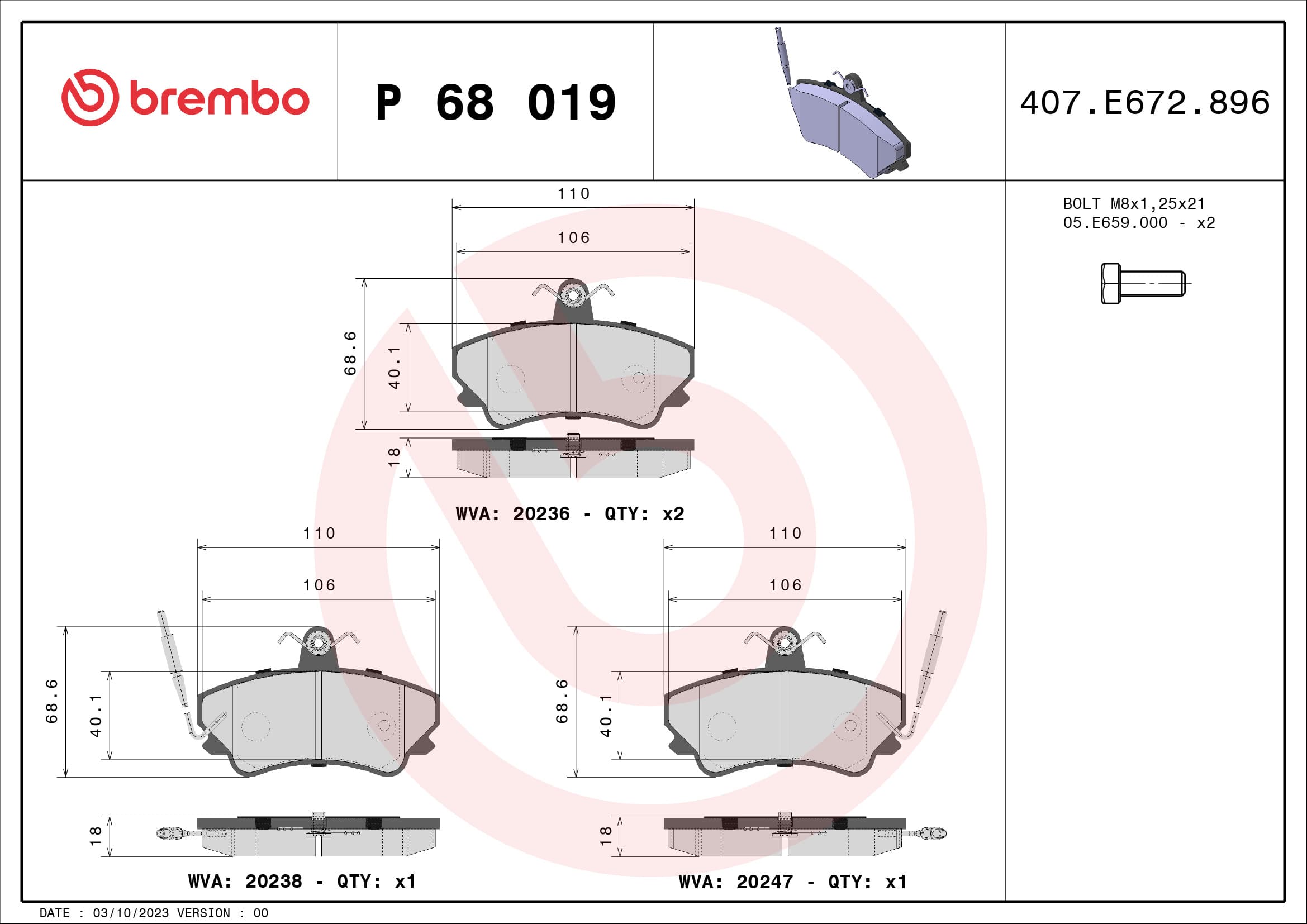 BREMBO Sada brzdových platničiek kotúčovej brzdy P68019 1