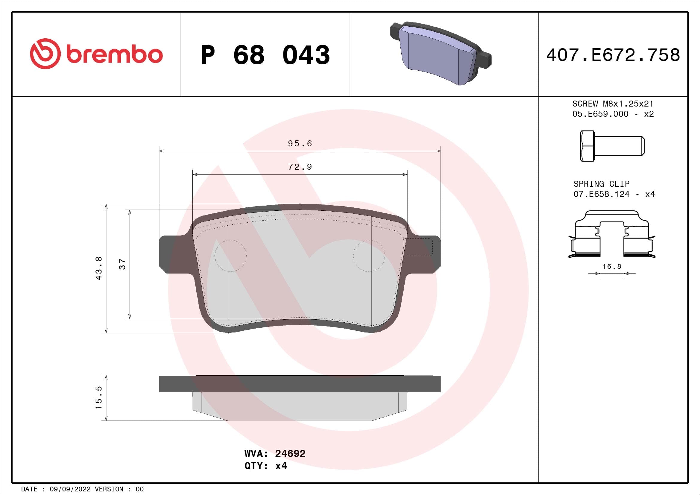 BREMBO Sada brzdových platničiek kotúčovej brzdy P68043 1