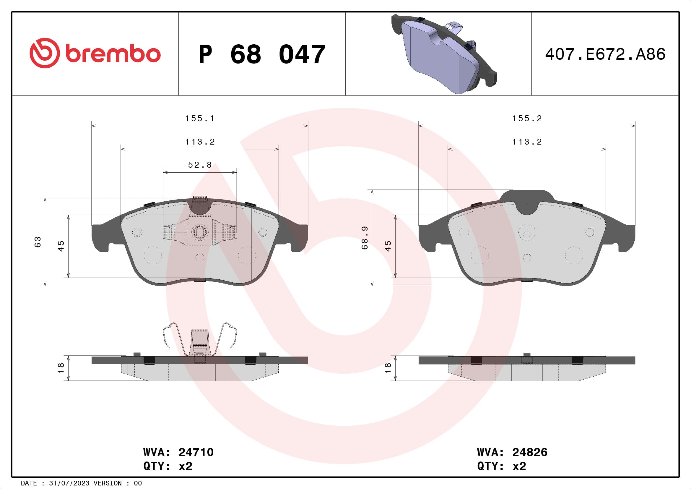 BREMBO Sada brzdových platničiek kotúčovej brzdy P68047 1