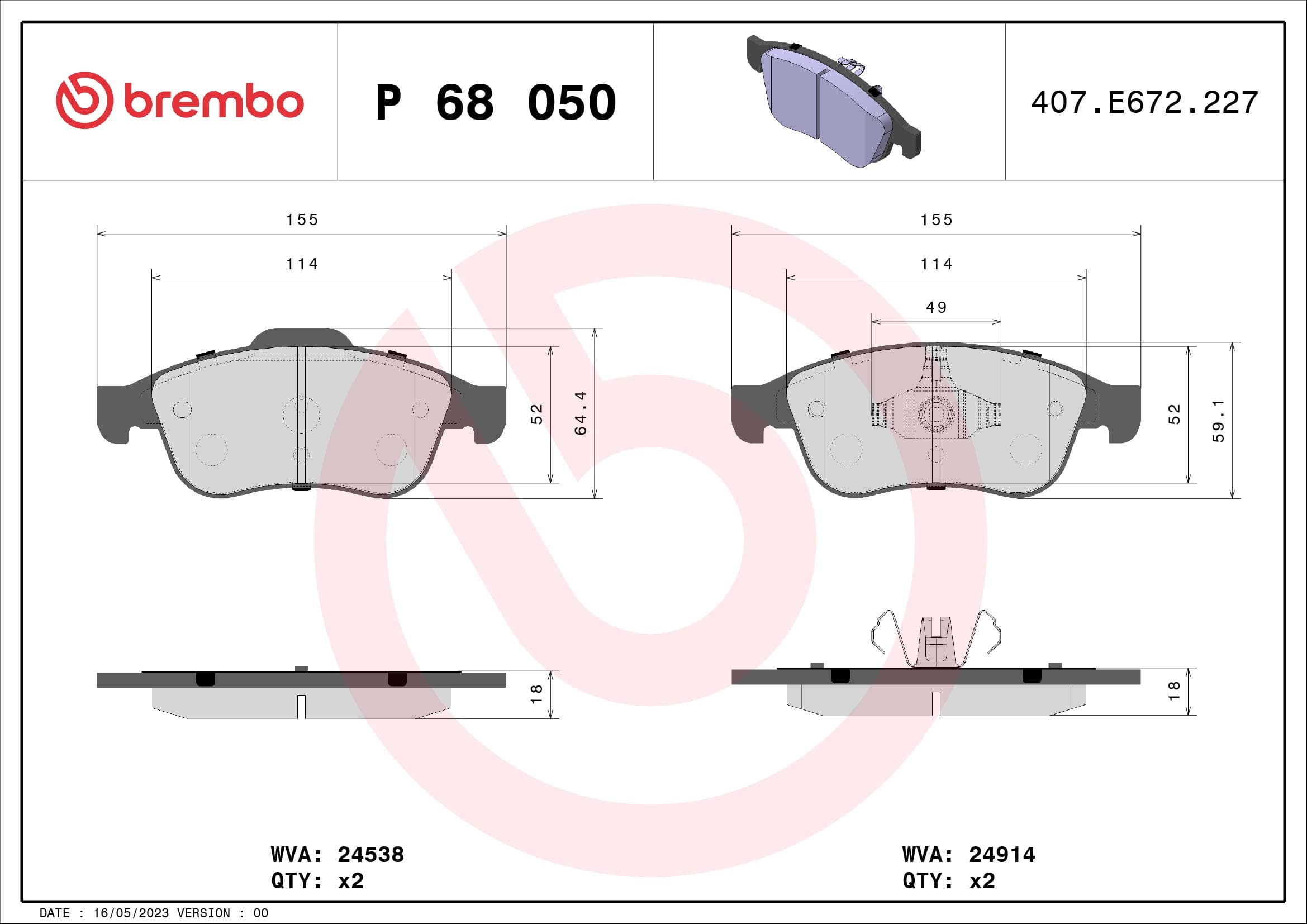 BREMBO Sada brzdových platničiek kotúčovej brzdy P68050 1