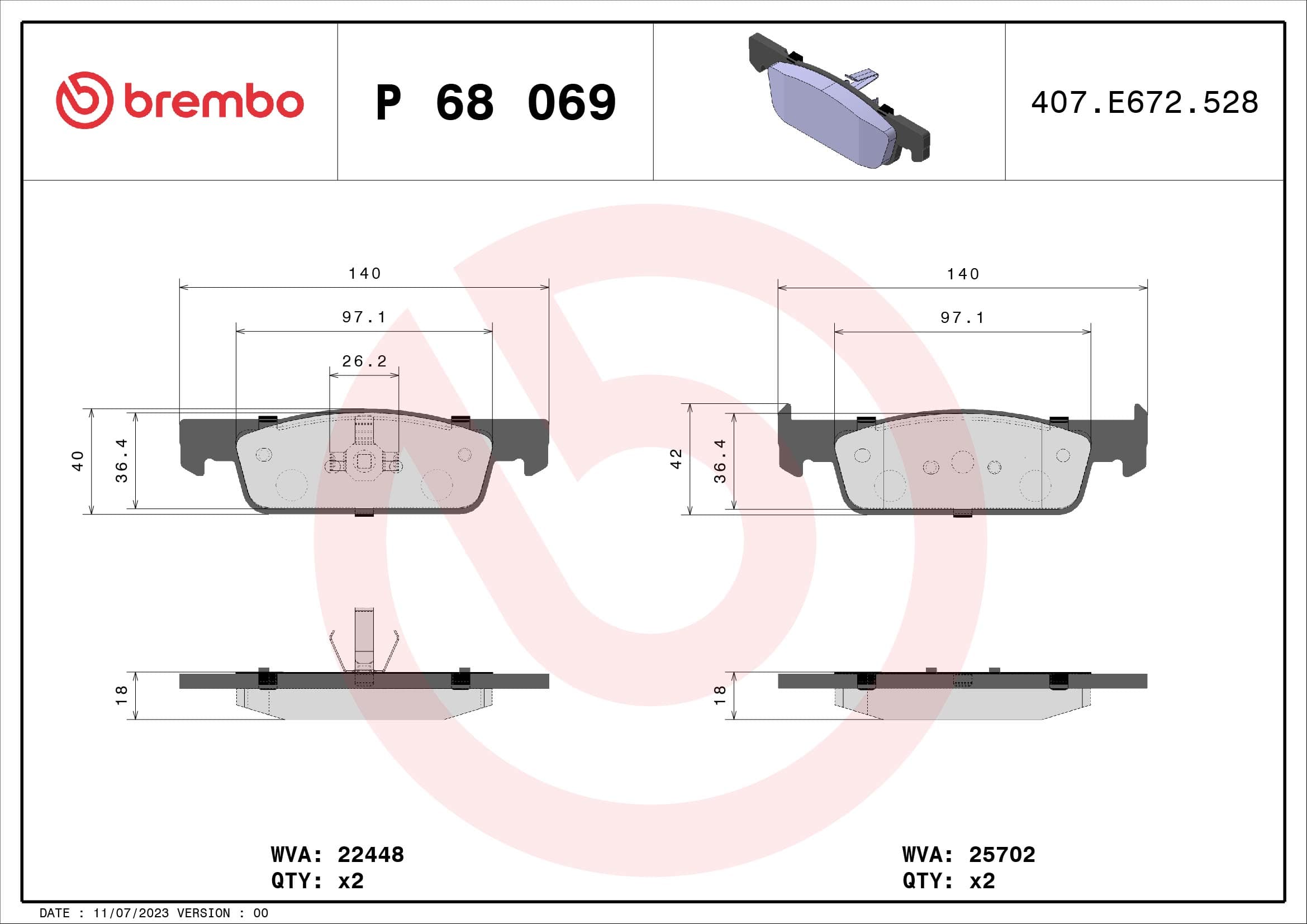BREMBO Sada brzdových platničiek kotúčovej brzdy P68069 1