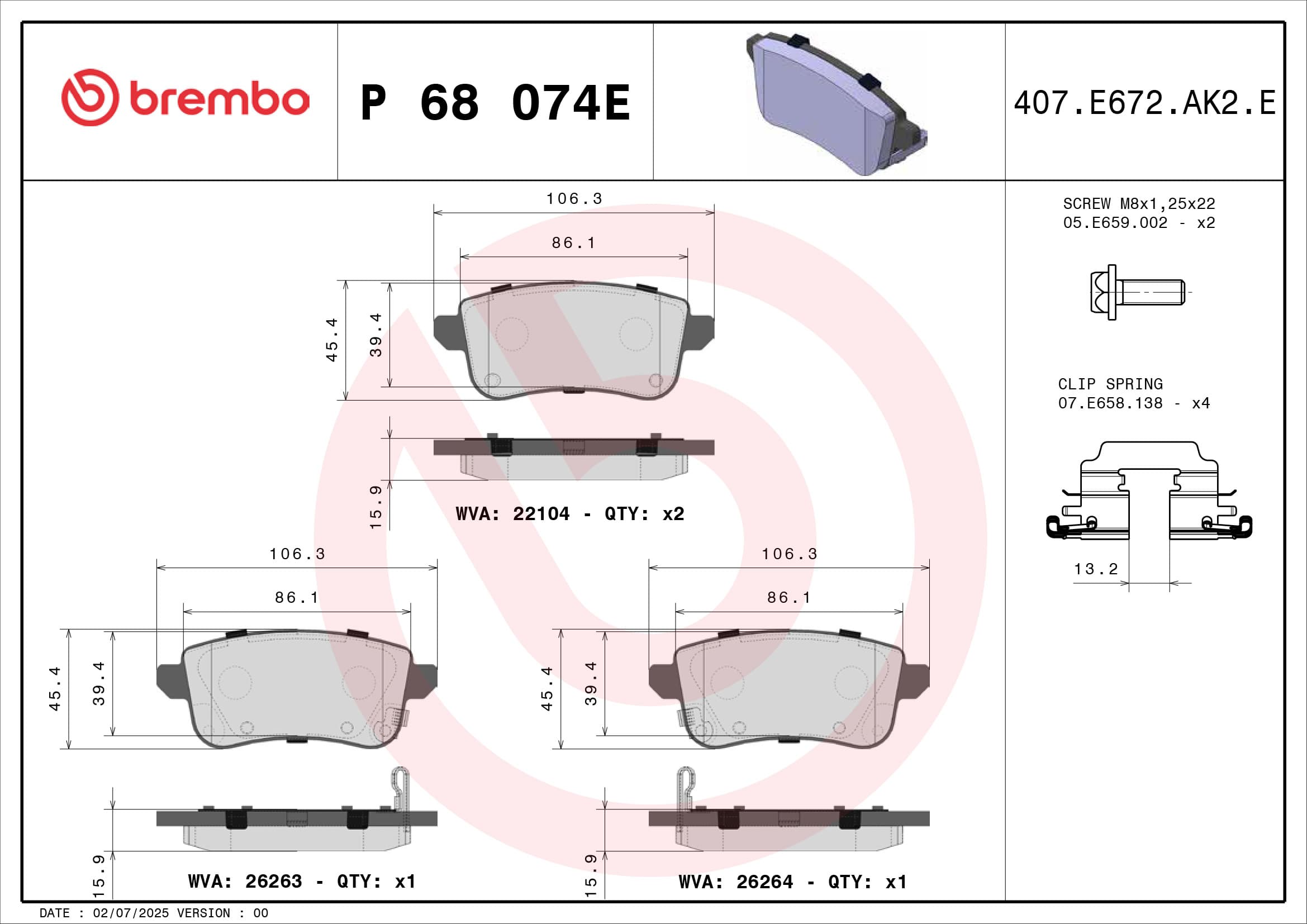 BREMBO Sada brzdových platničiek kotúčovej brzdy P 68 074E 1