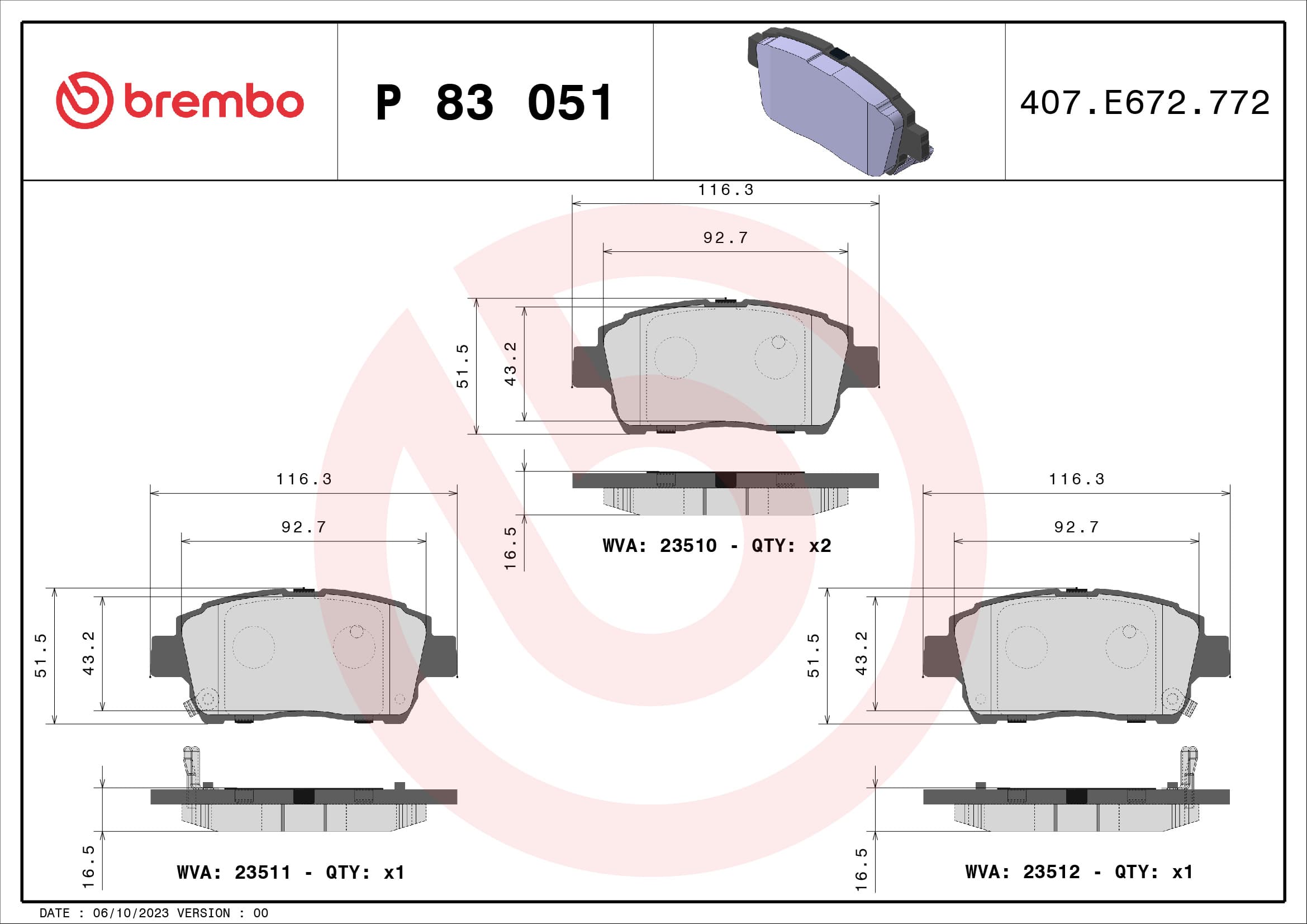BREMBO Sada brzdových platničiek kotúčovej brzdy P83051 1