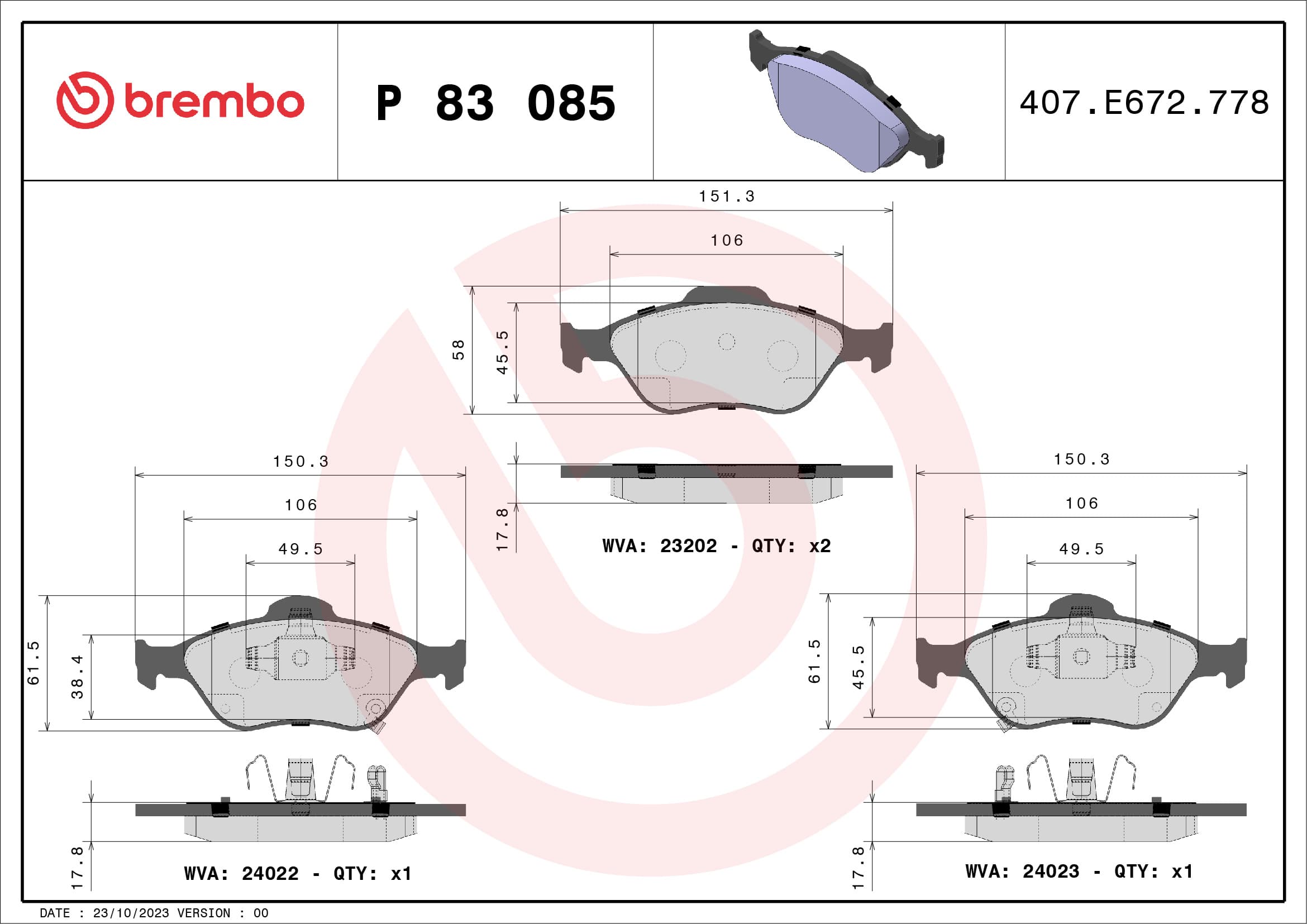 BREMBO Sada brzdových platničiek kotúčovej brzdy P83085 1