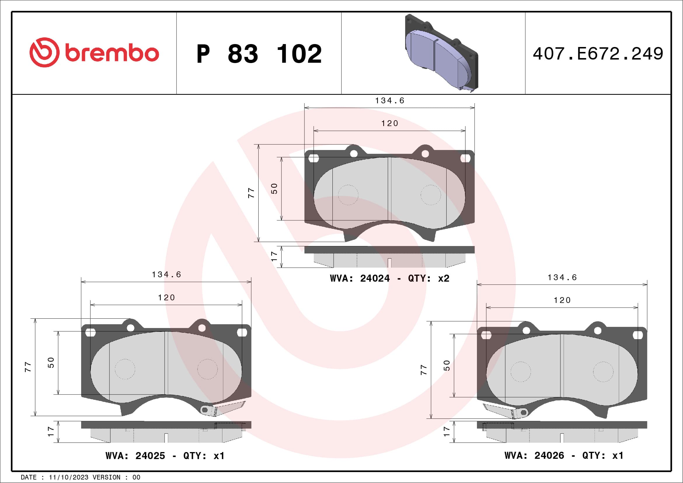 BREMBO Sada brzdových platničiek kotúčovej brzdy P83102 1