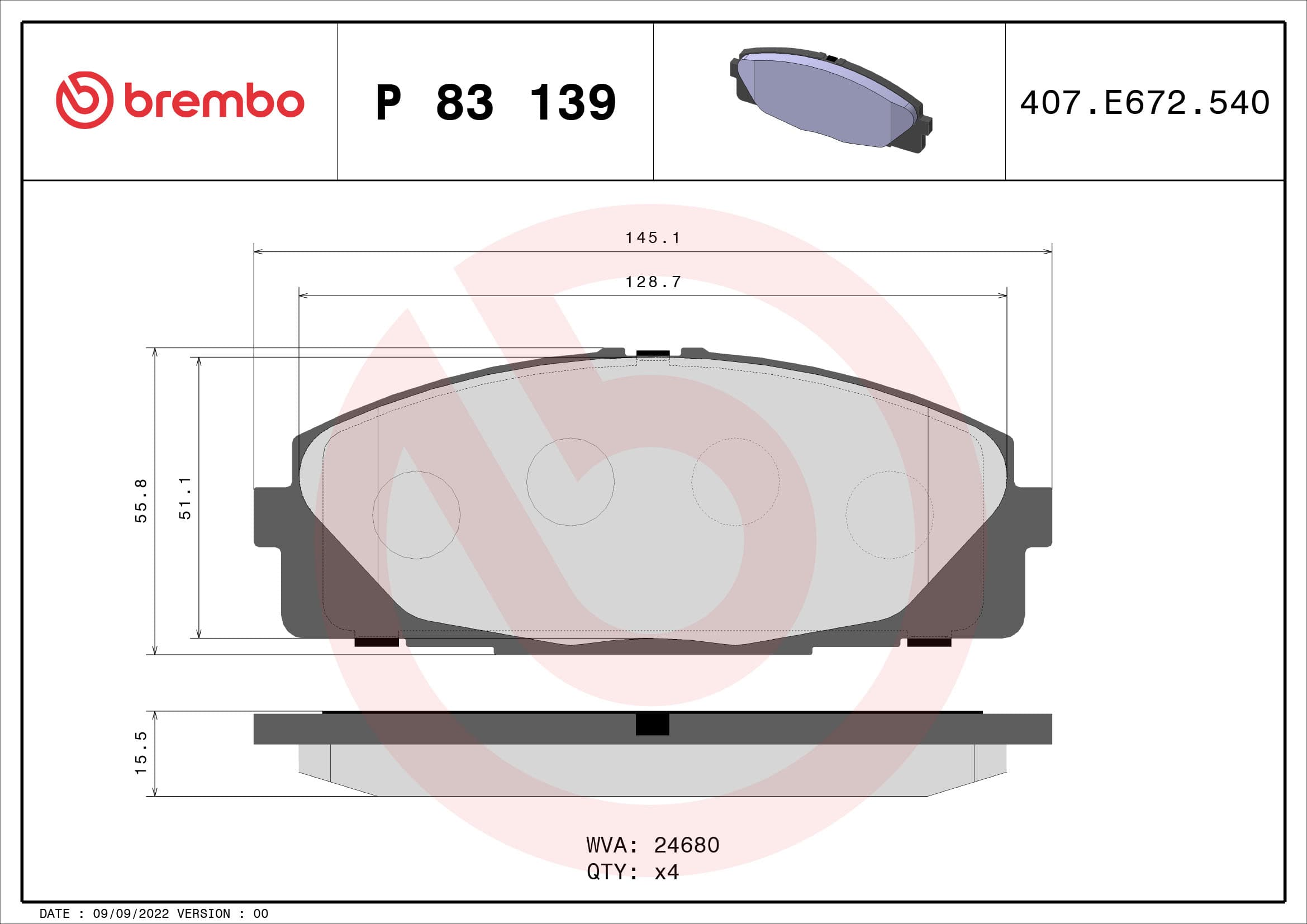 BREMBO Sada brzdových platničiek kotúčovej brzdy P83139 1