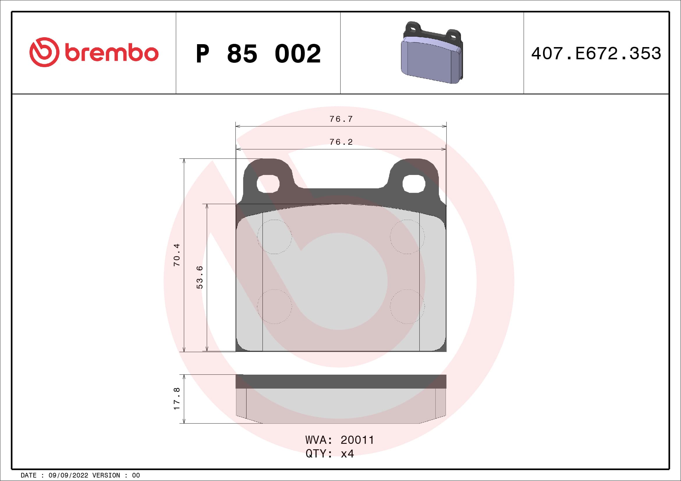 BREMBO Sada brzdových platničiek kotúčovej brzdy P85002 1