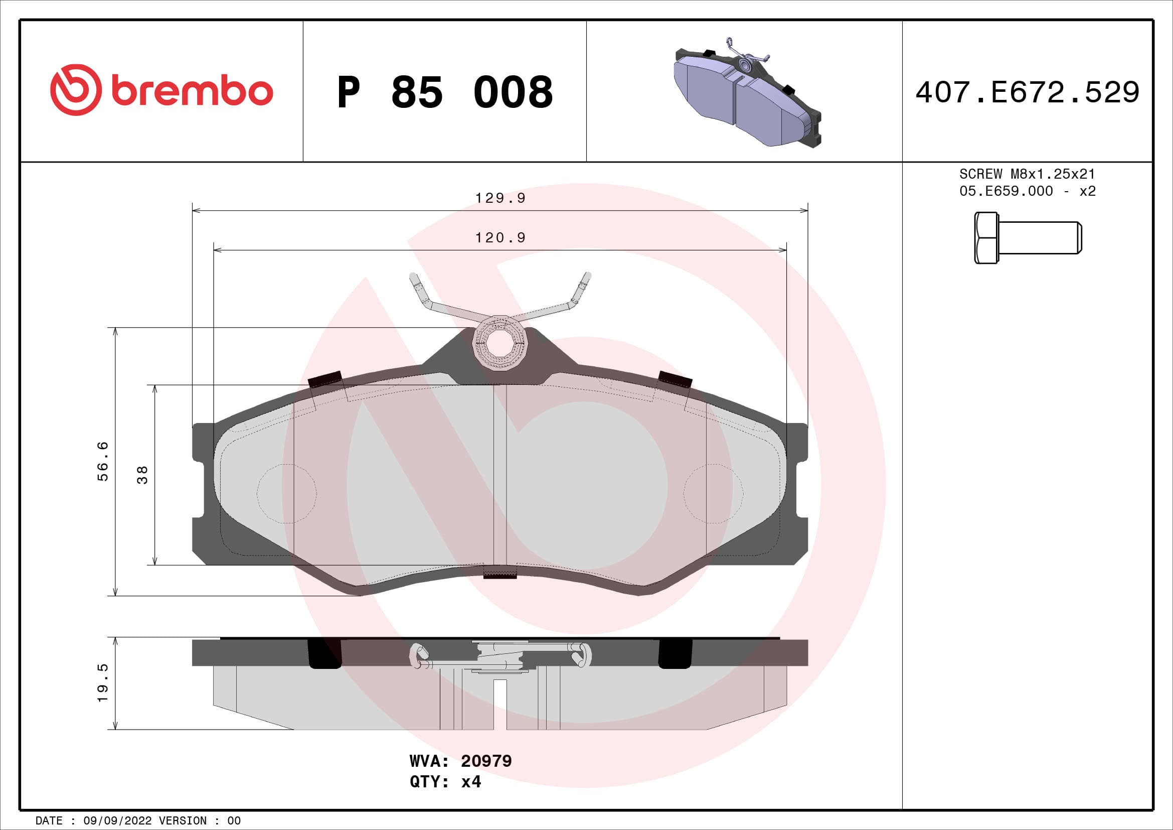 BREMBO Sada brzdových platničiek kotúčovej brzdy P85008 1