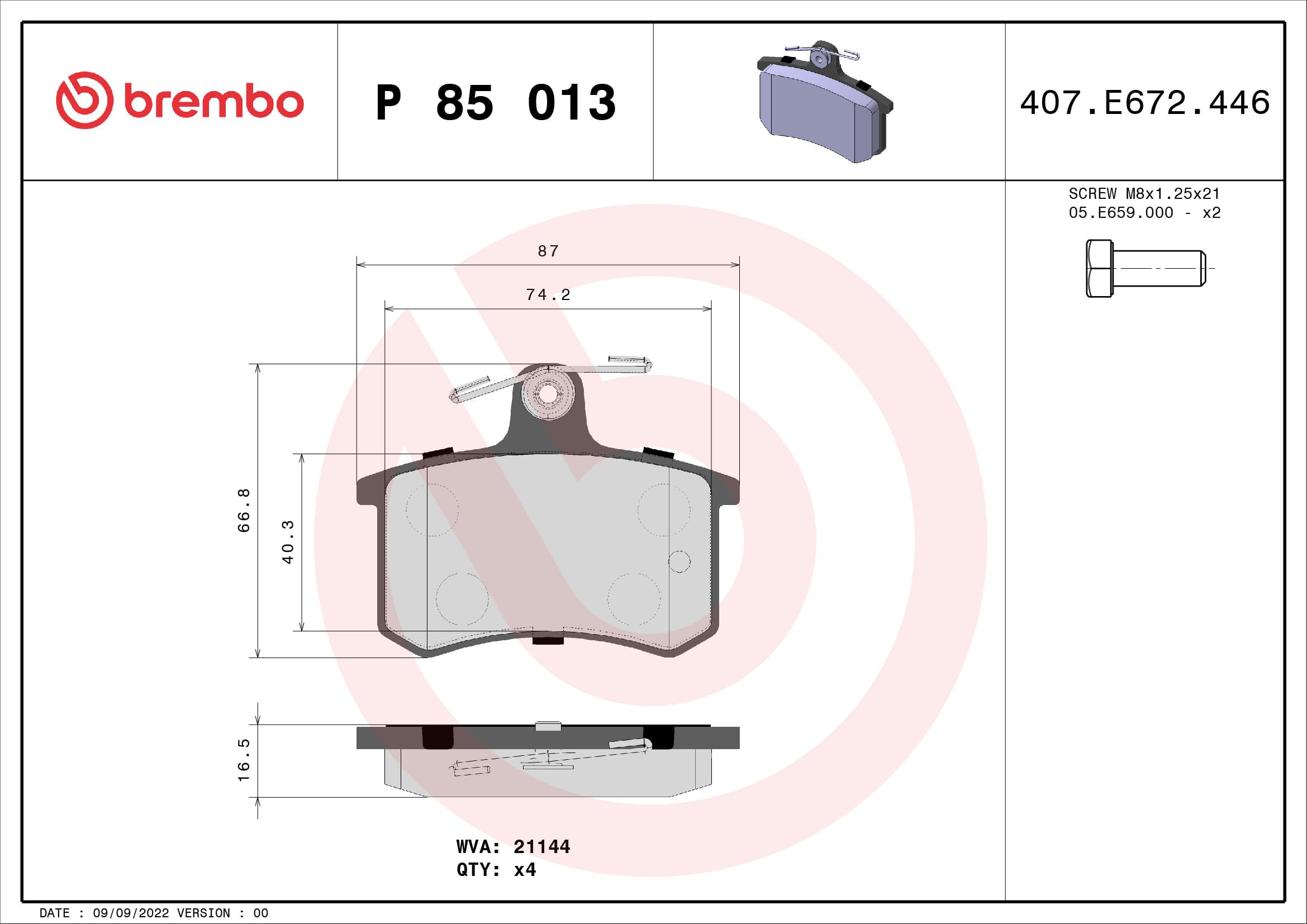 BREMBO Sada brzdových platničiek kotúčovej brzdy P85013 1