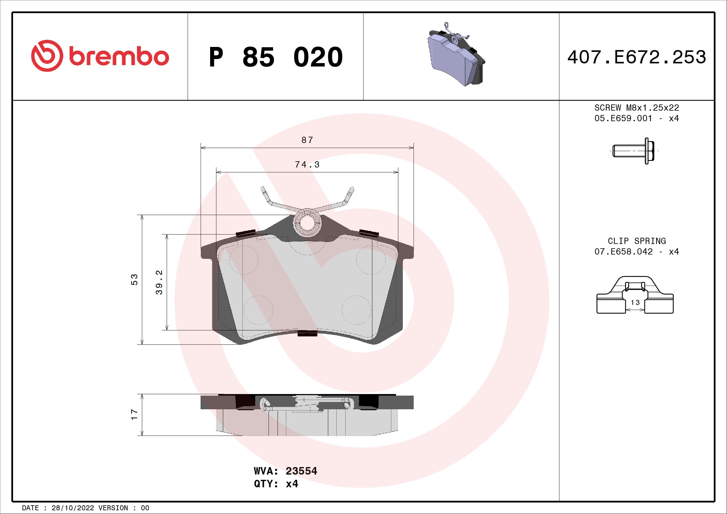 BREMBO Sada brzdových platničiek kotúčovej brzdy P85020 1