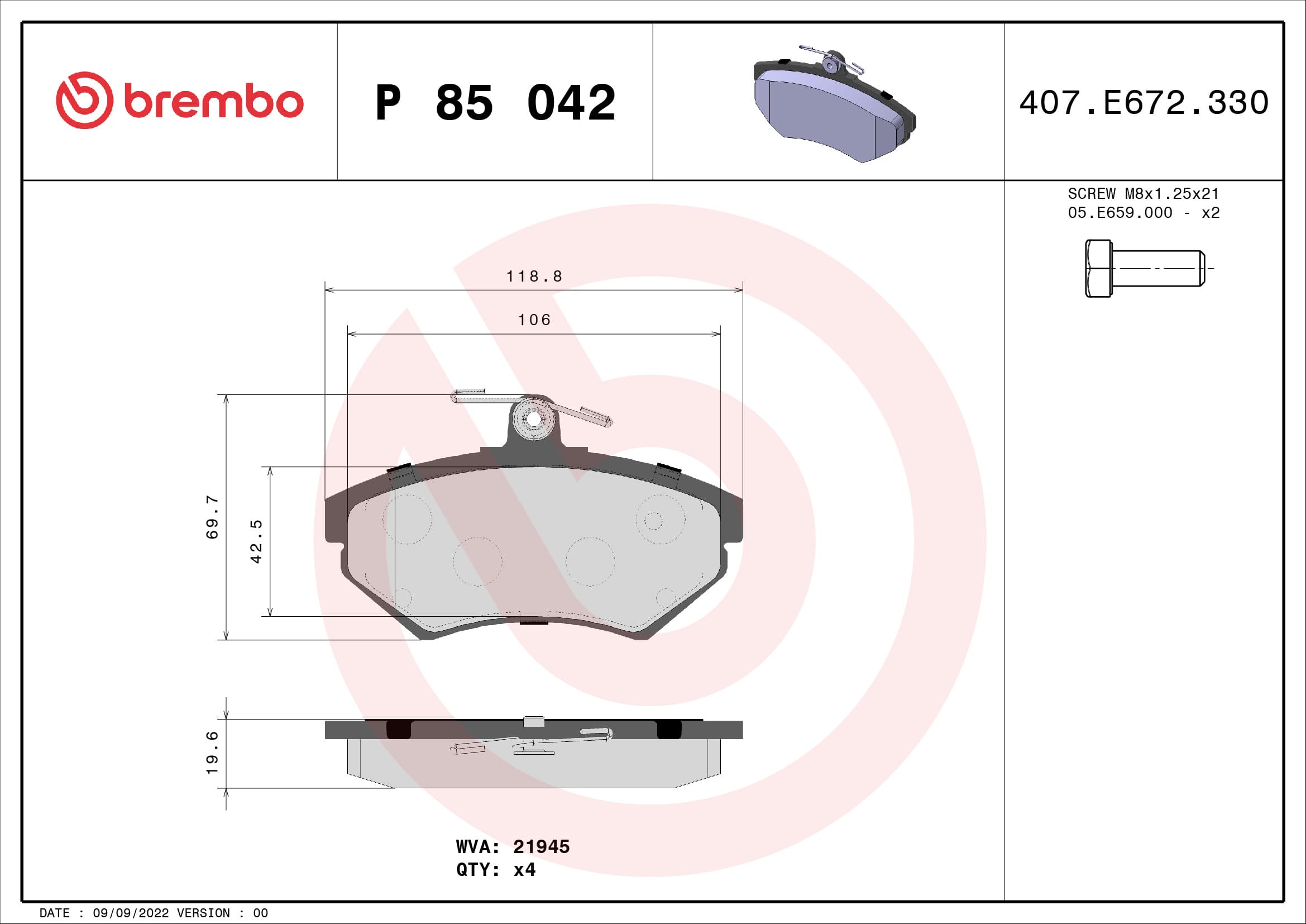 BREMBO Sada brzdových platničiek kotúčovej brzdy P85042 1