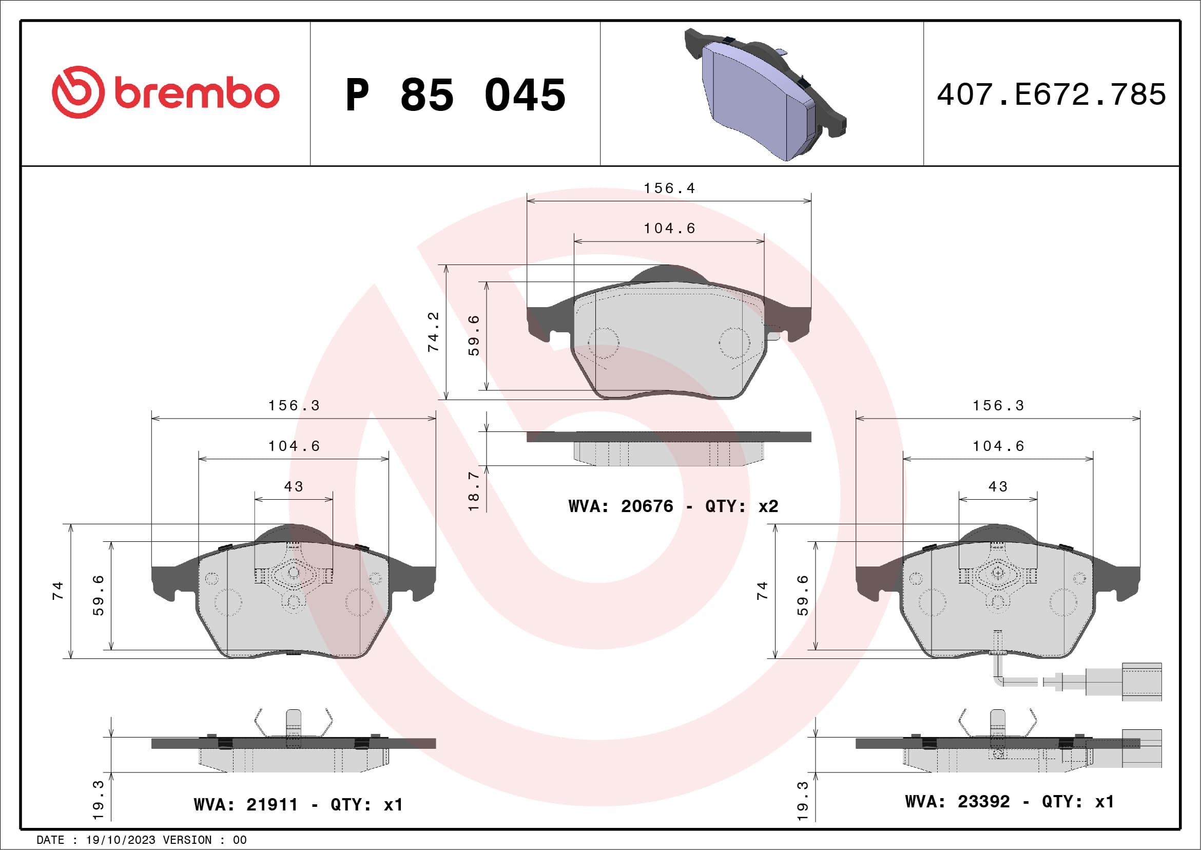BREMBO Sada brzdových platničiek kotúčovej brzdy P85045 1