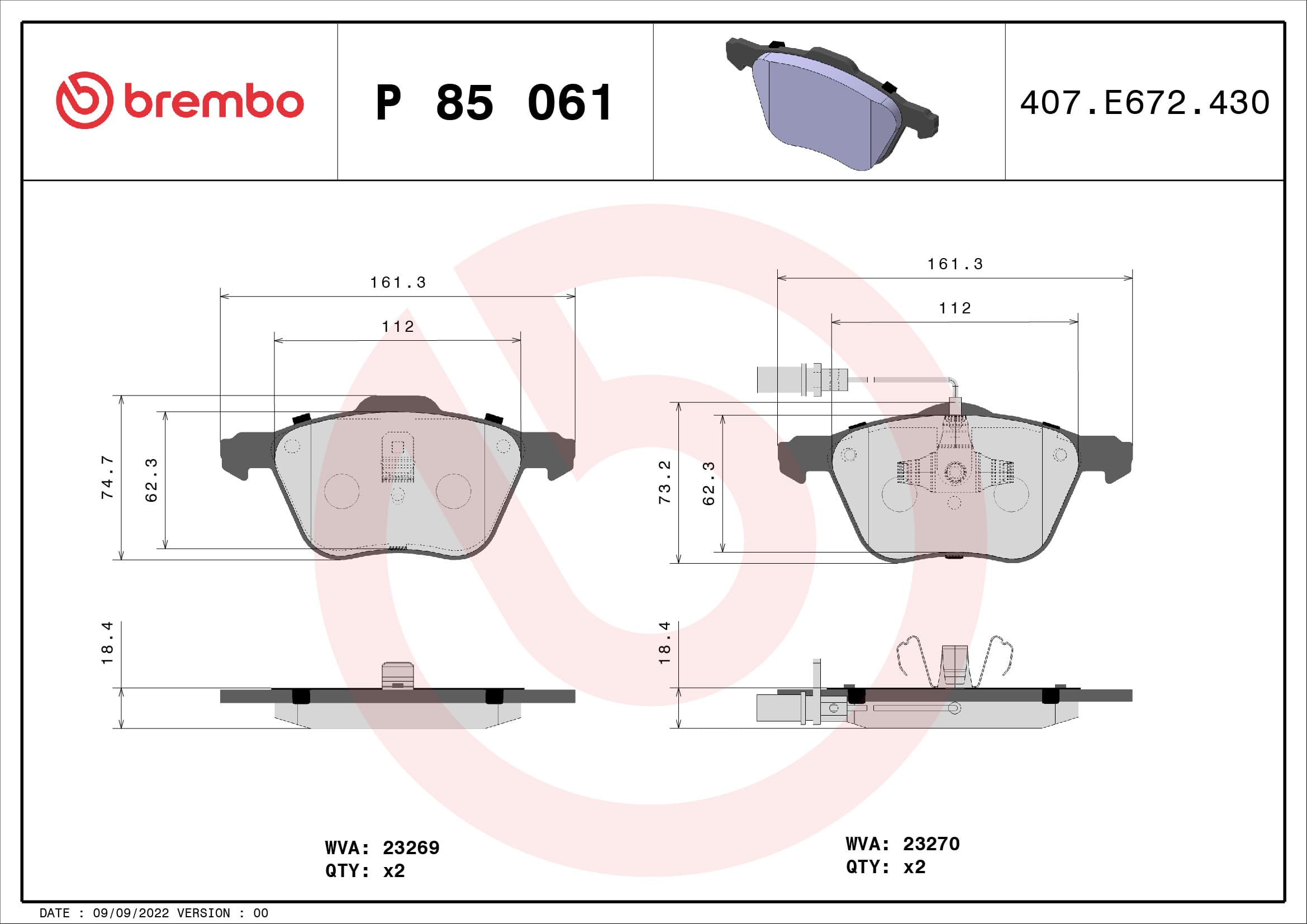 BREMBO Sada brzdových platničiek kotúčovej brzdy P85061 1