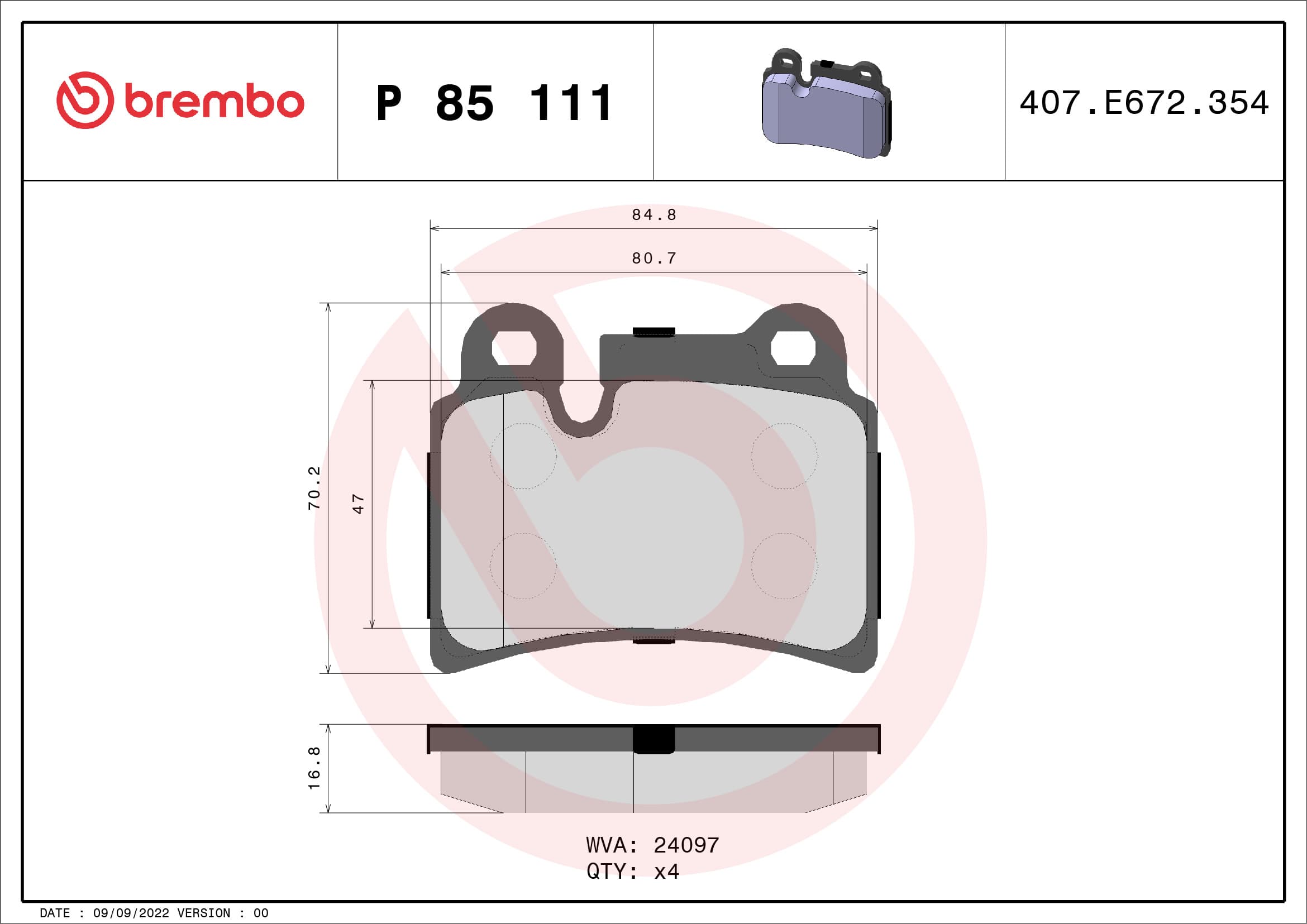 BREMBO Sada brzdových platničiek kotúčovej brzdy P85111 1