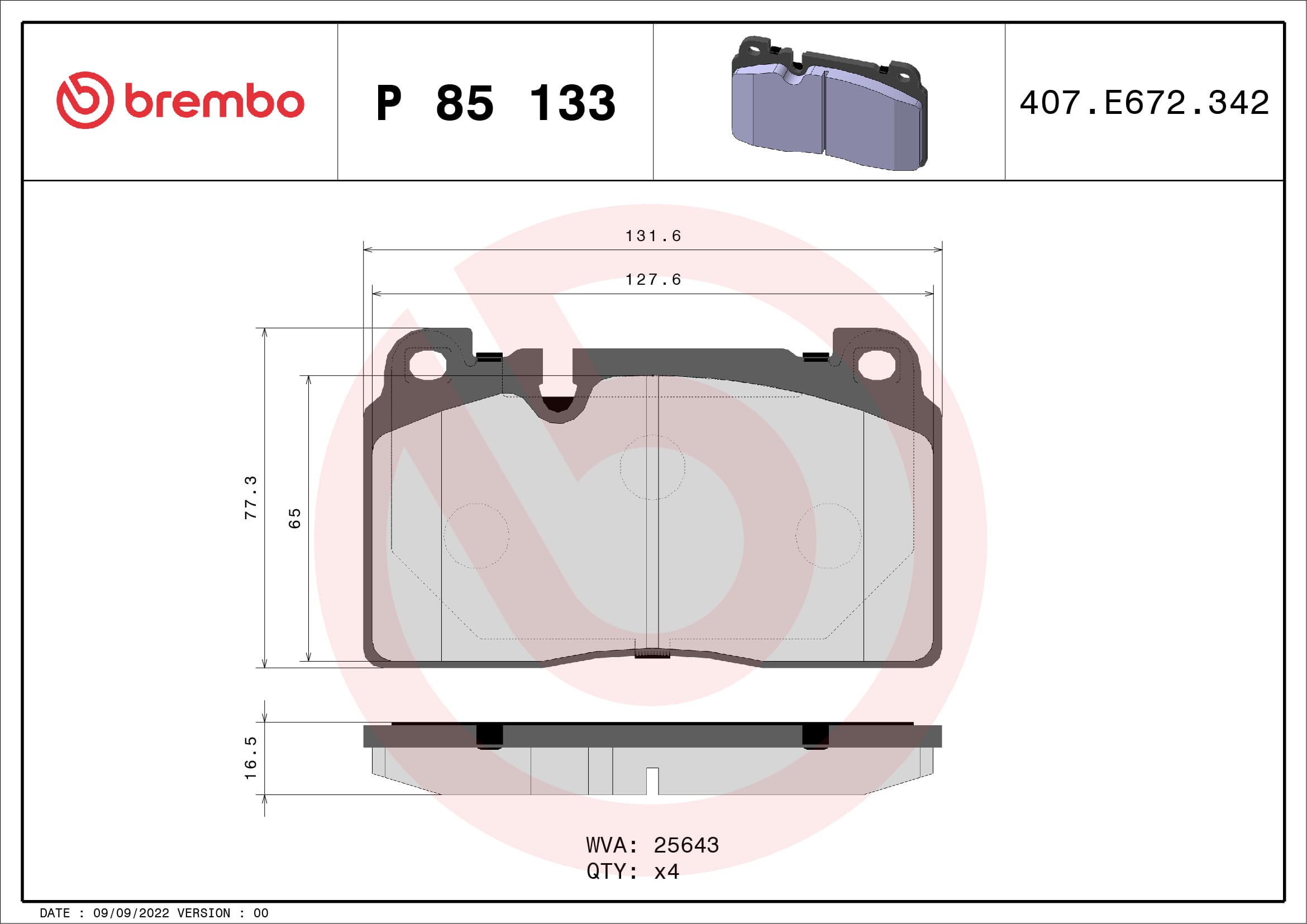 BREMBO Sada brzdových platničiek kotúčovej brzdy P85133 1
