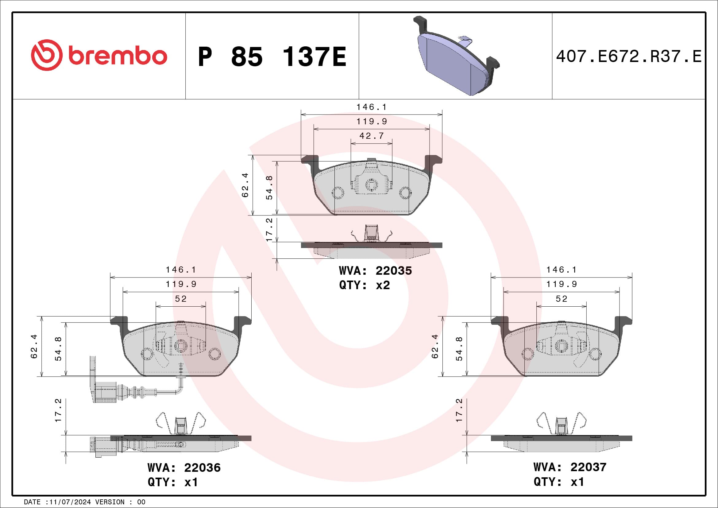 BREMBO Sada brzdových platničiek kotúčovej brzdy P 85 137E 1