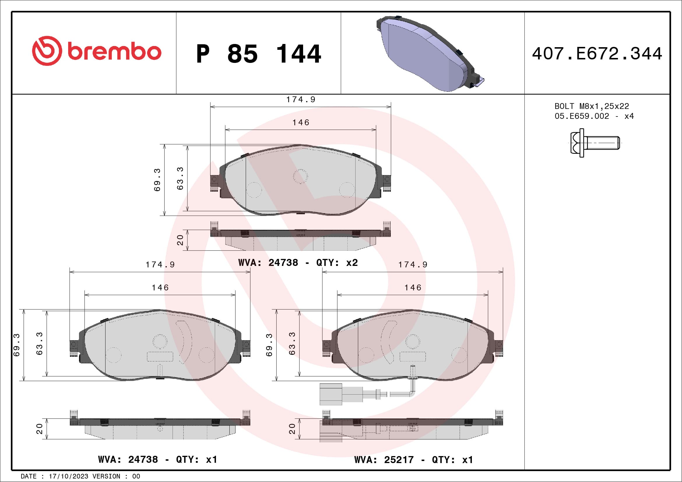 BREMBO Sada brzdových platničiek kotúčovej brzdy P85144 1
