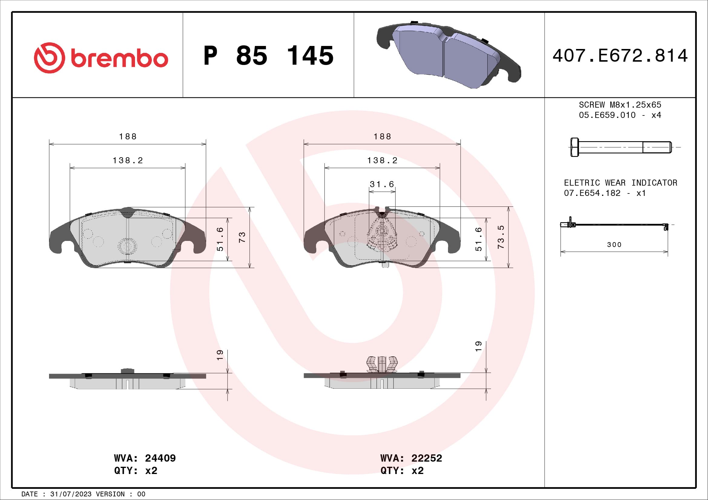 BREMBO Sada brzdových platničiek kotúčovej brzdy P85145 1