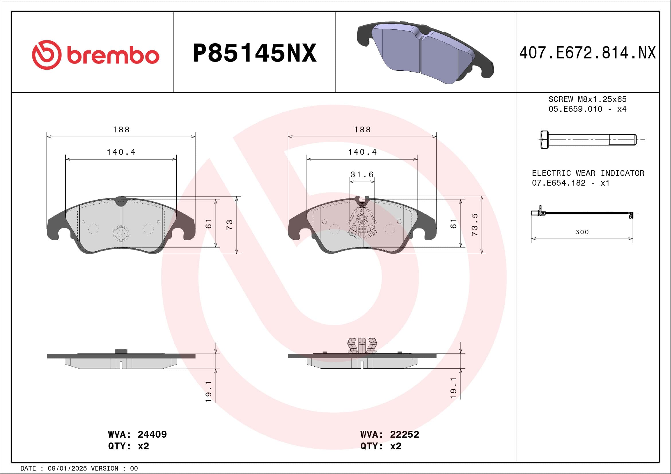 BREMBO Sada brzdových platničiek kotúčovej brzdy P85145NX 1