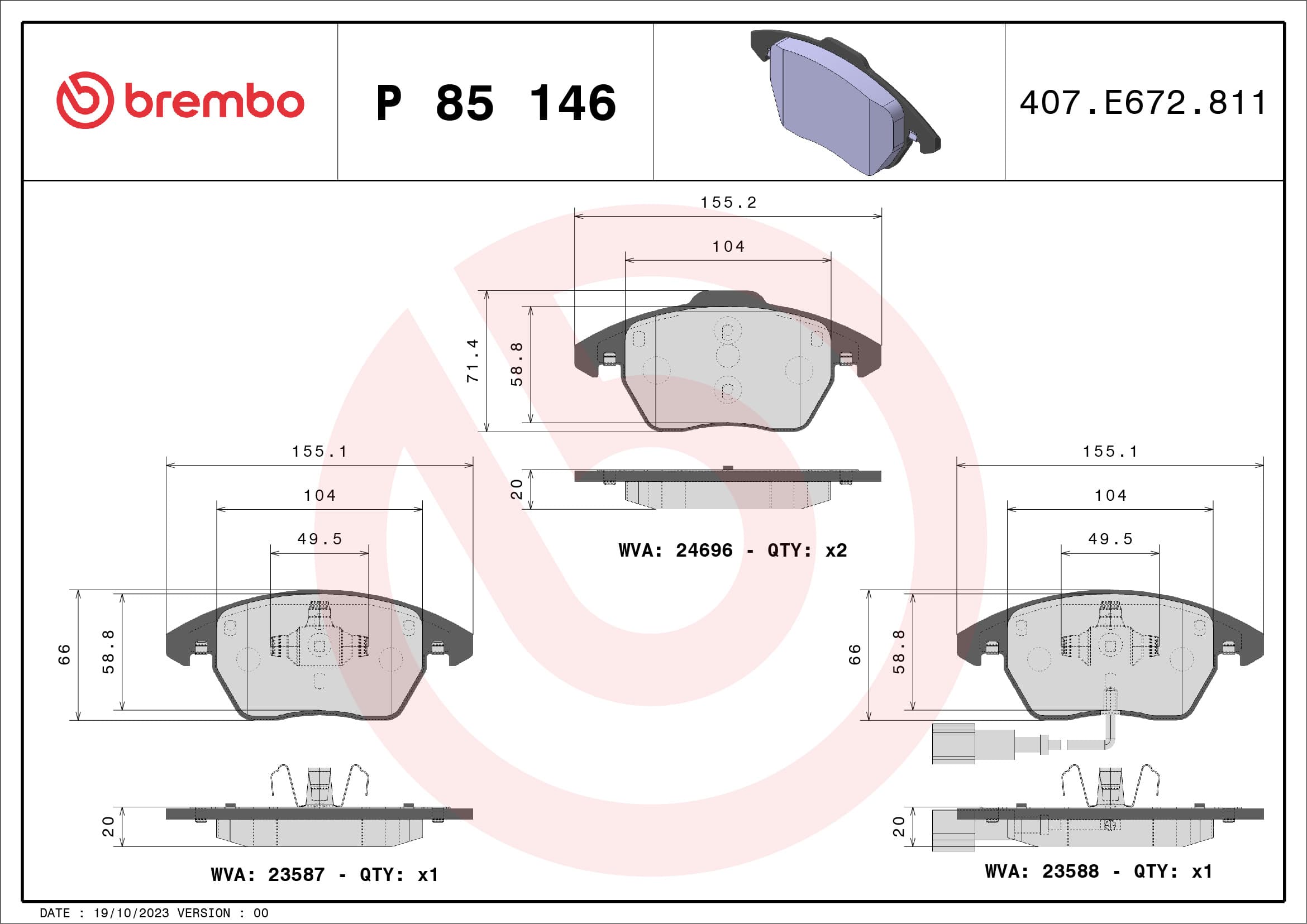 BREMBO Sada brzdových platničiek kotúčovej brzdy P85146 1