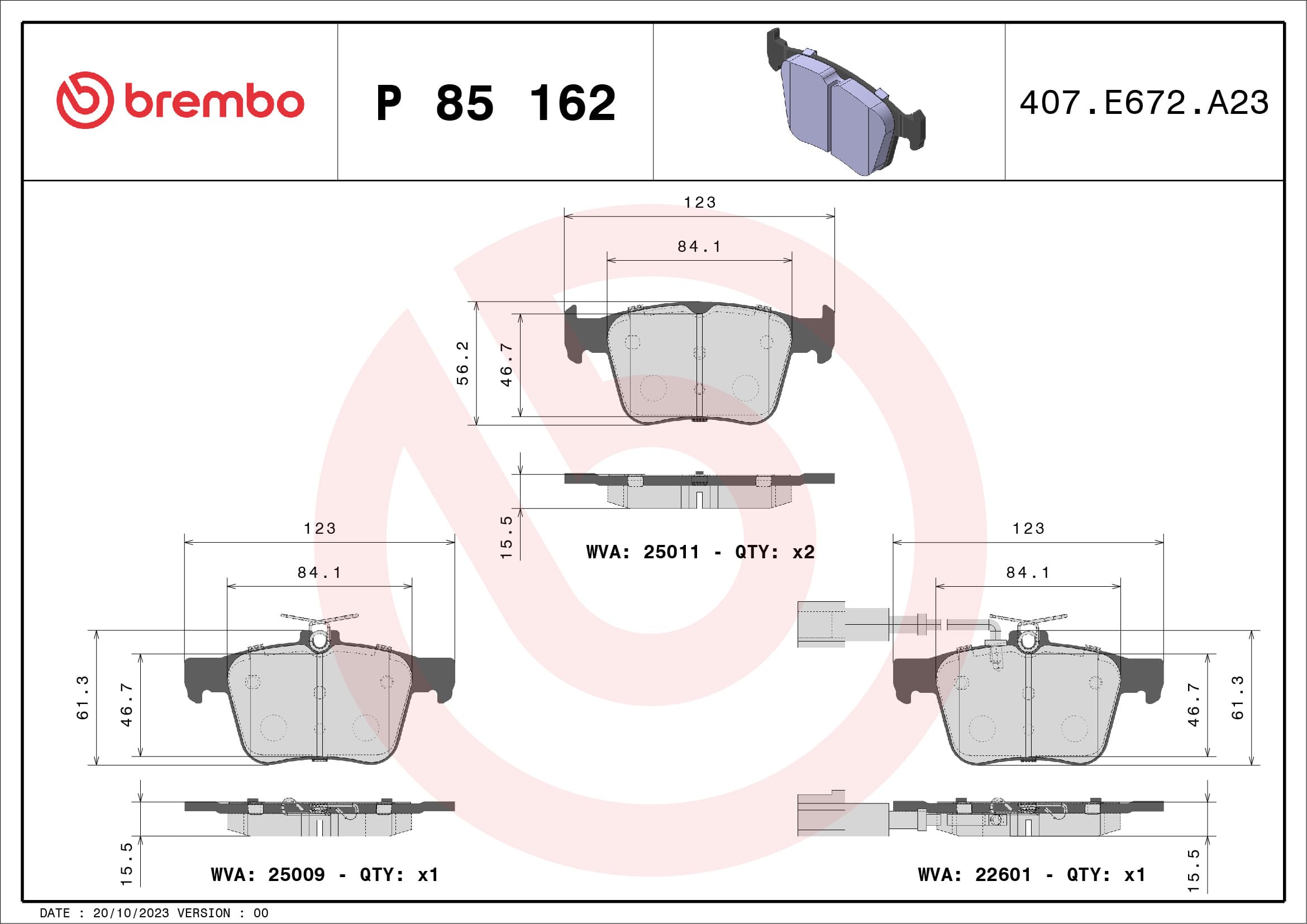 BREMBO Sada brzdových platničiek kotúčovej brzdy P85162 1