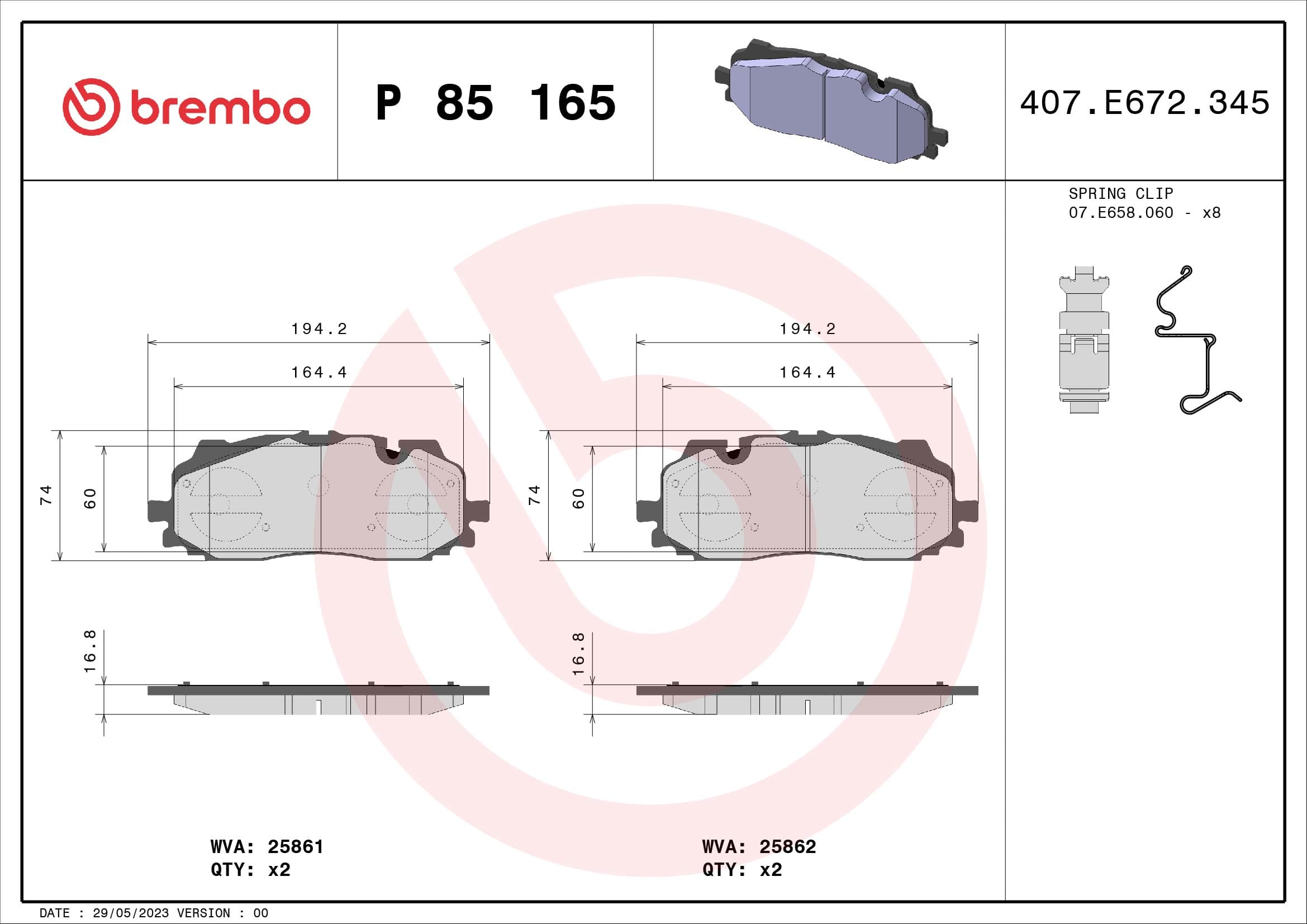 BREMBO Sada brzdových platničiek kotúčovej brzdy P85165 1