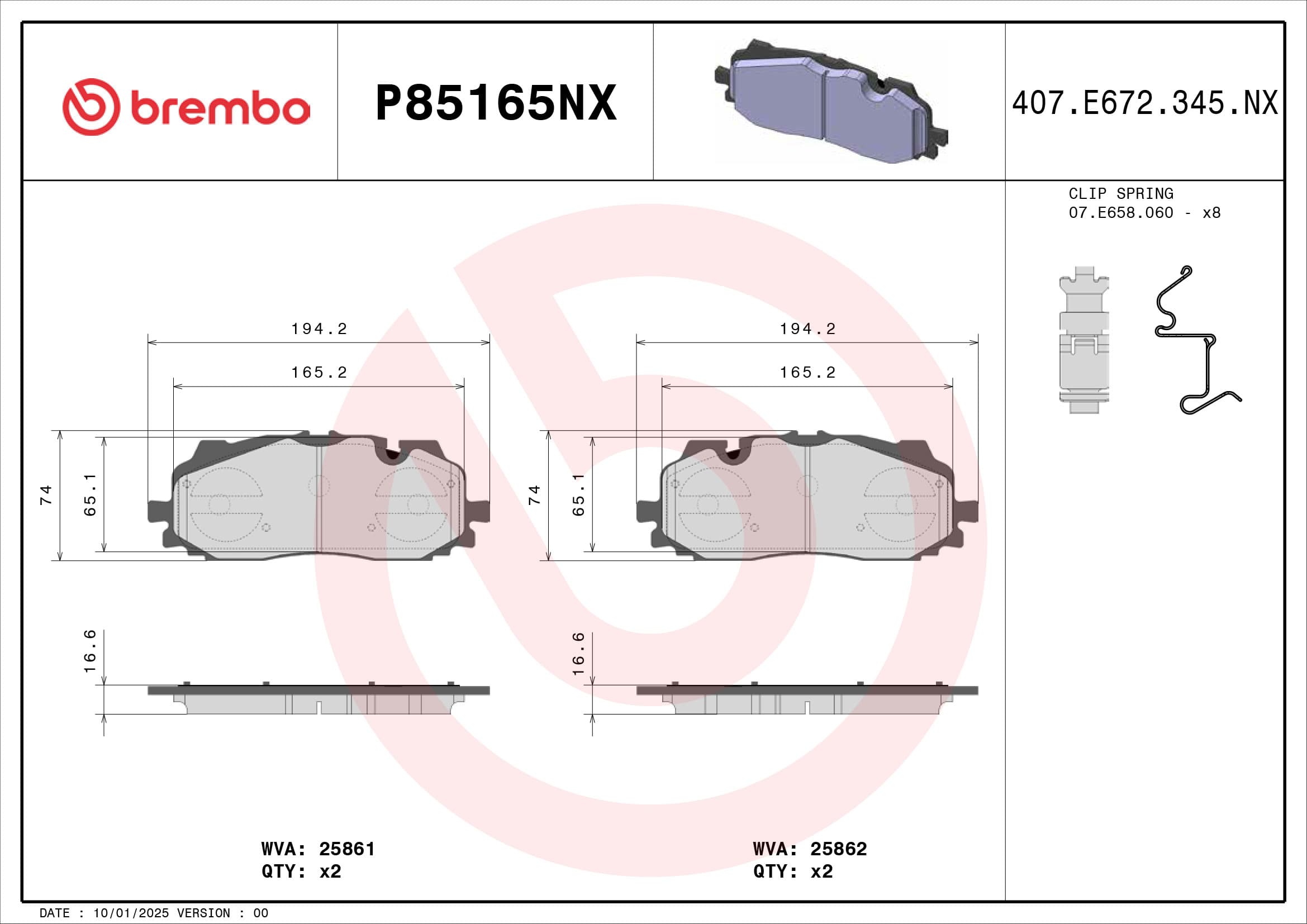 BREMBO Sada brzdových platničiek kotúčovej brzdy P85165NX 1