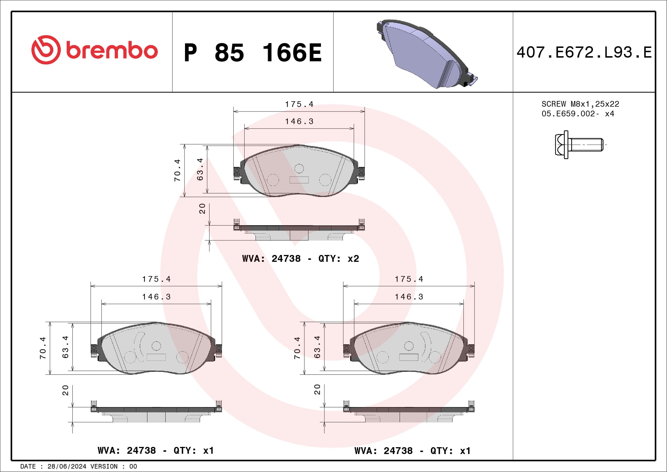 BREMBO Sada brzdových platničiek kotúčovej brzdy P 85 166E 1