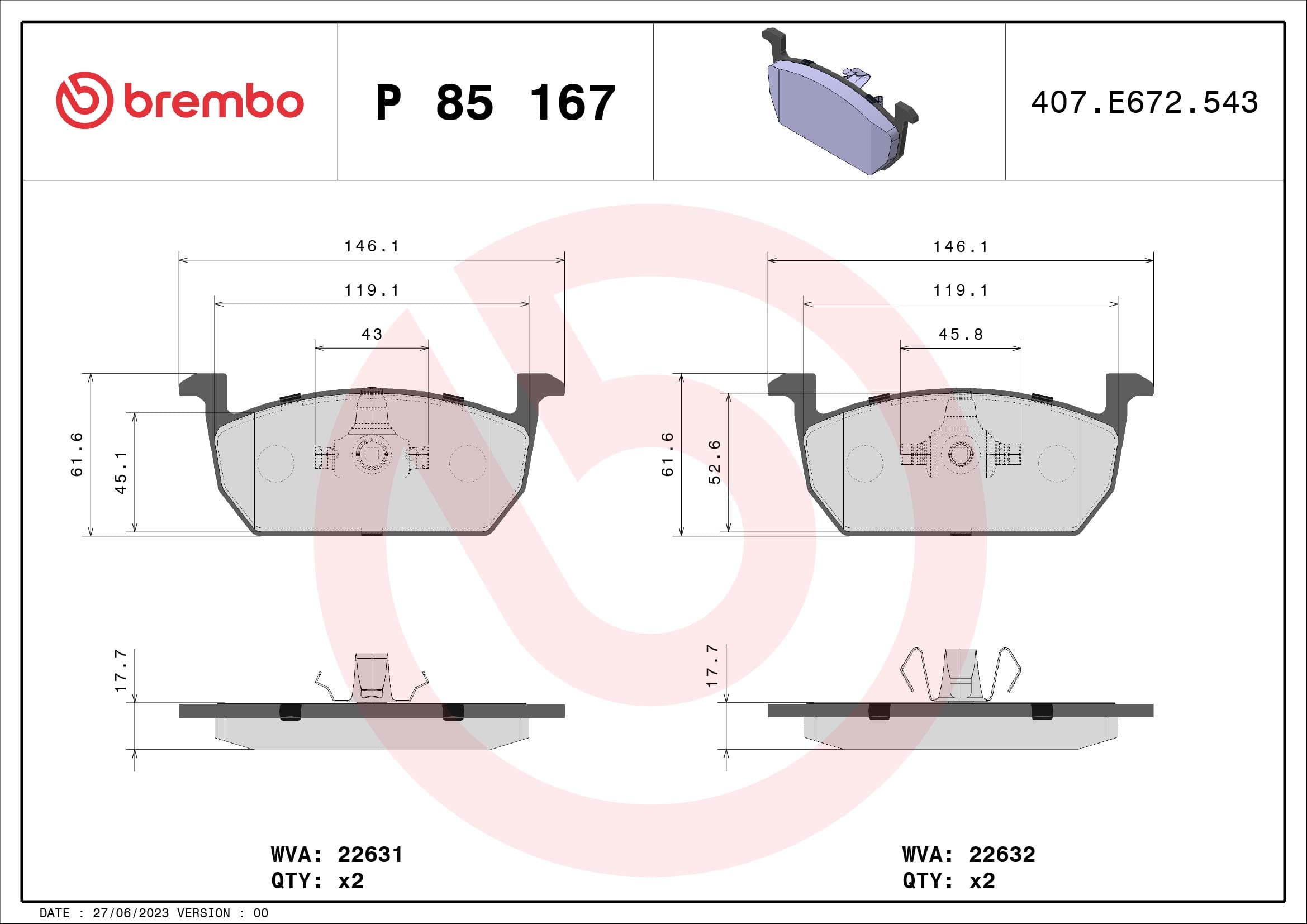 BREMBO Sada brzdových platničiek kotúčovej brzdy P85167 1