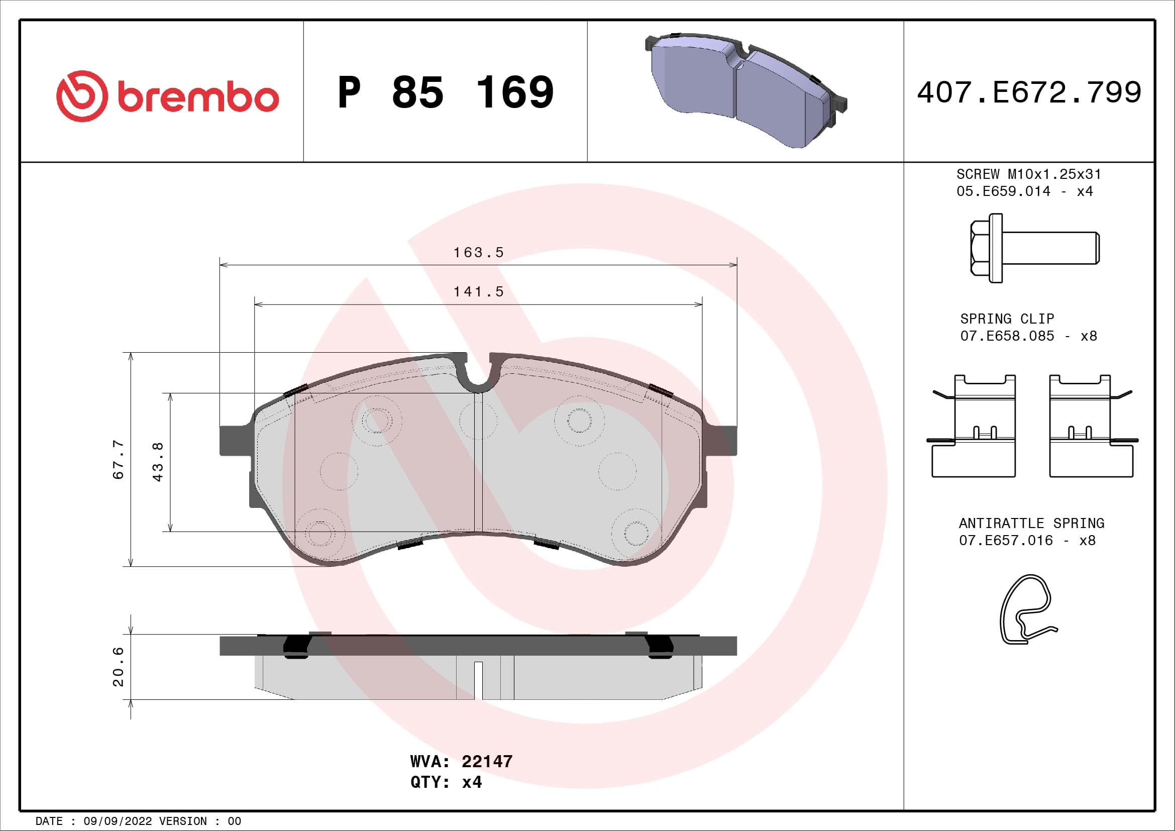 BREMBO Sada brzdových platničiek kotúčovej brzdy P85169 1